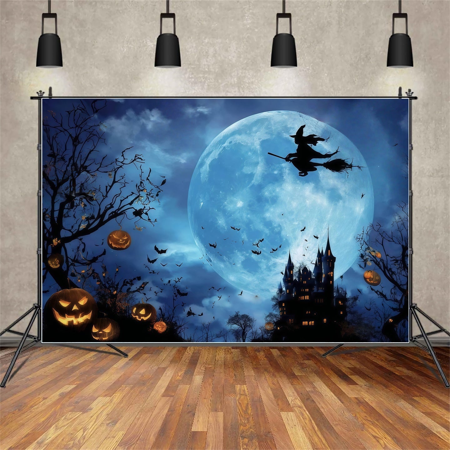Spooky Halloween Backdrop Mystic Forest Castle Full Moon Witch Halloween Backdrop MRR8-7