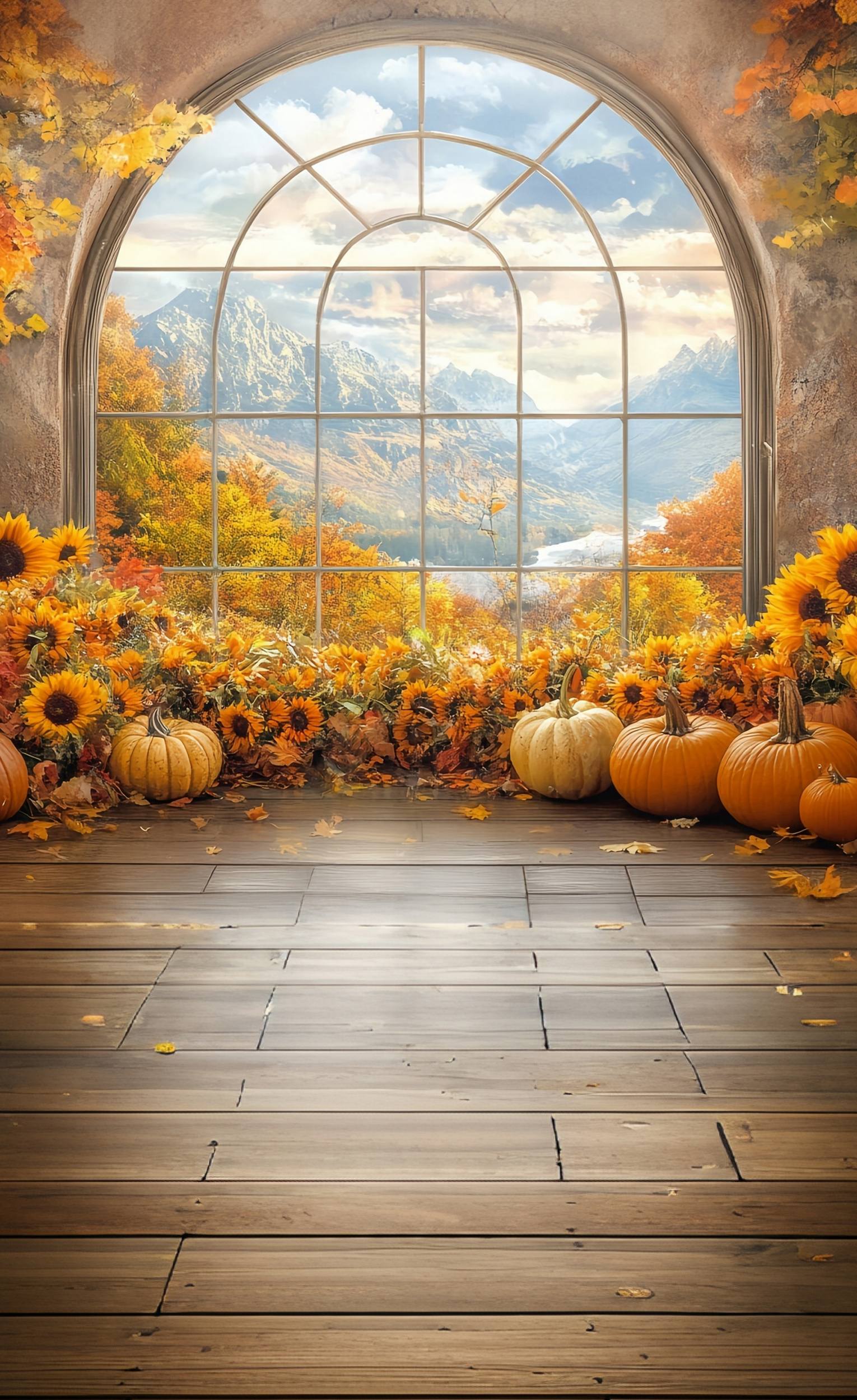 Fall Photo Backdrop Sunflower Window Mountain View Sweep Backdrop MRR8-72