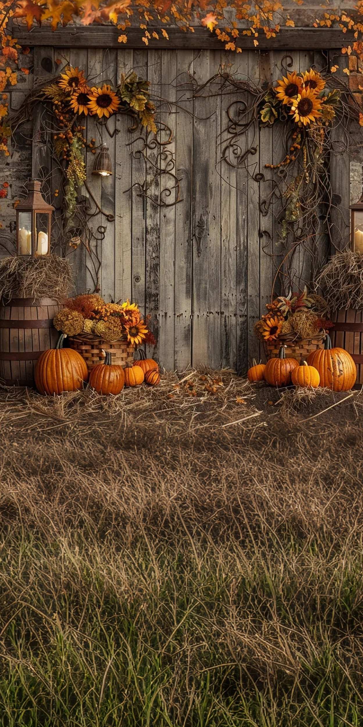 Western Backdrop Rustic Sunflower Pumpkin Porch Sweep Backdrop MRR8-77