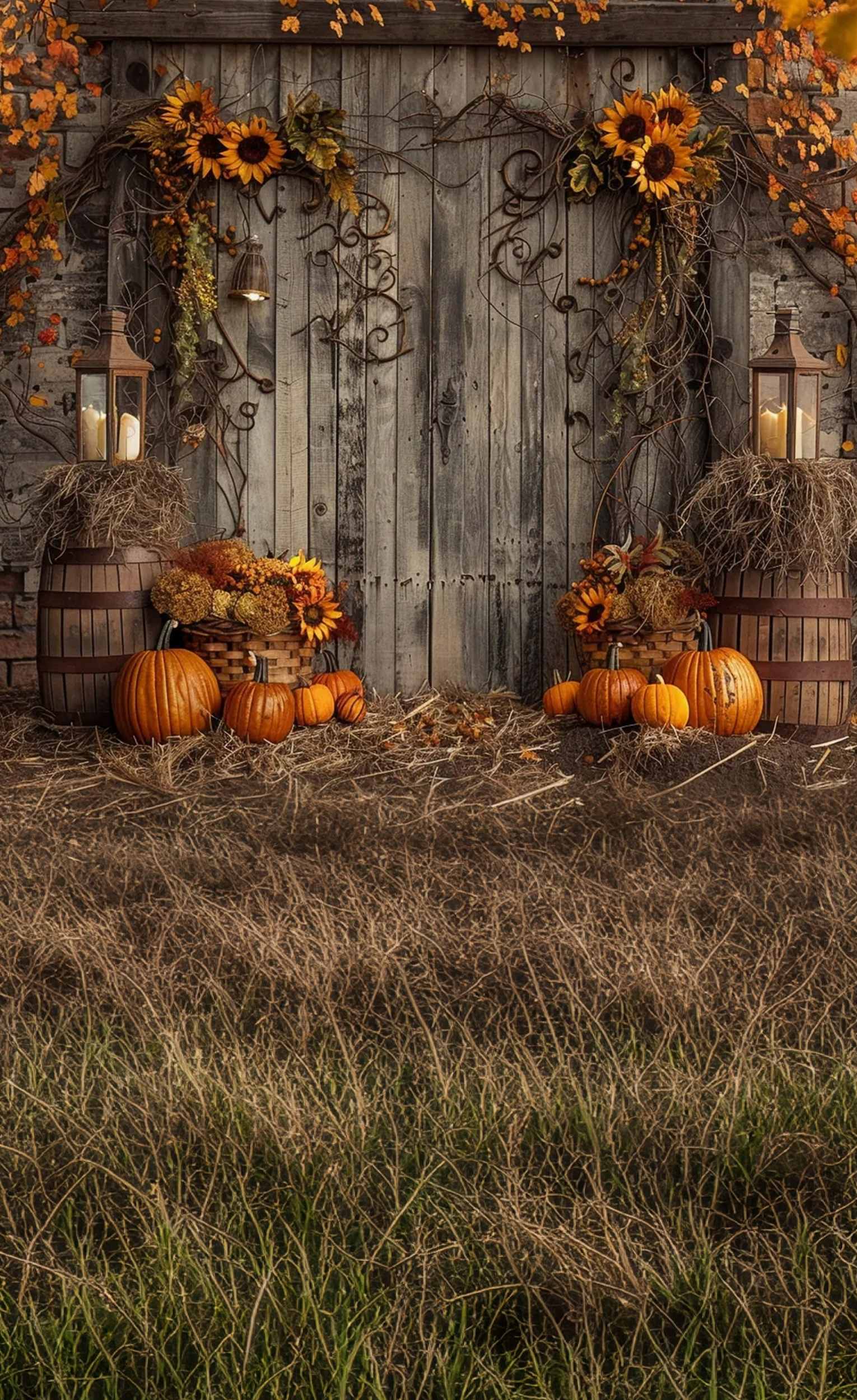 Western Backdrop Rustic Sunflower Pumpkin Porch Sweep Backdrop MRR8-77