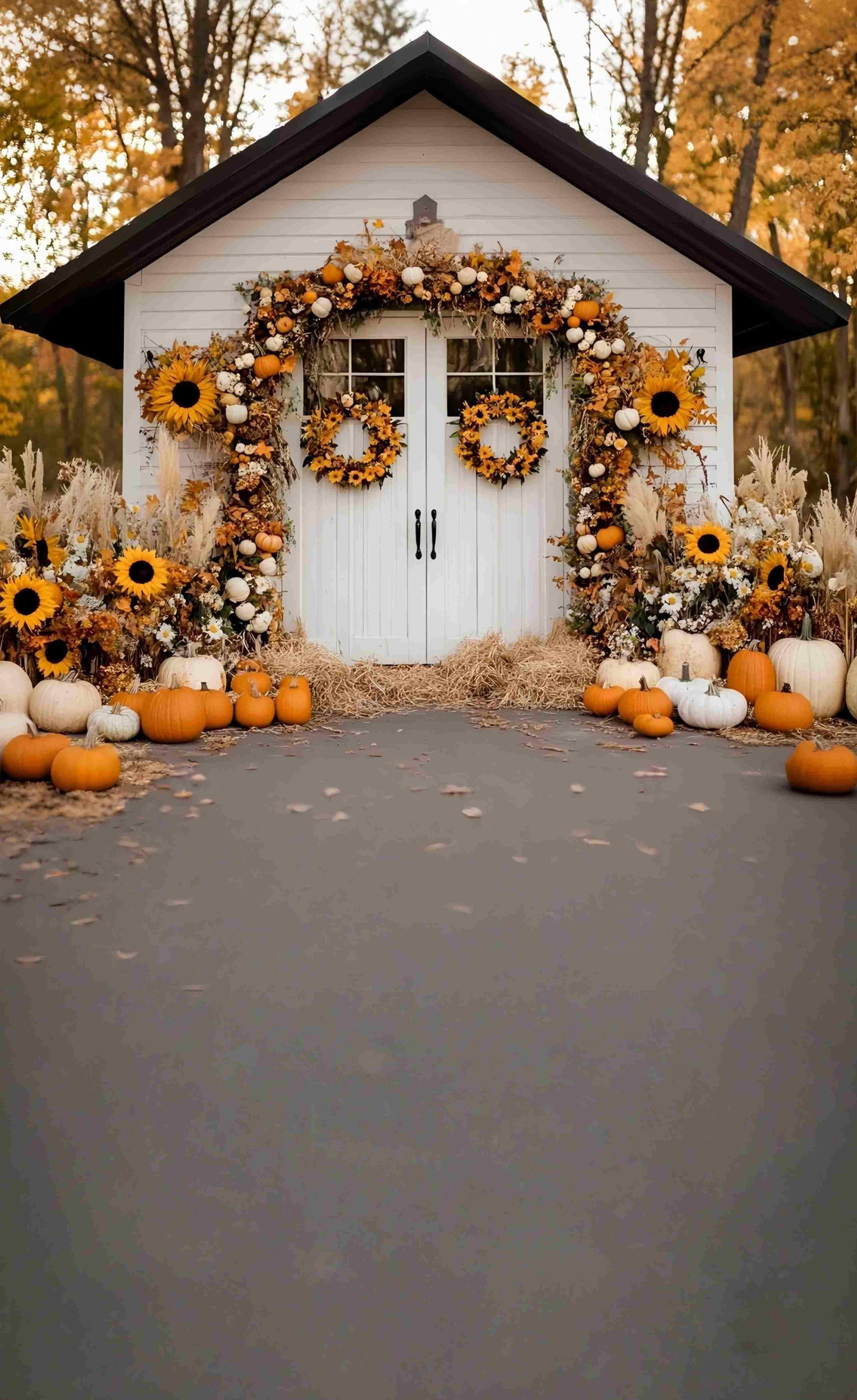 Fall Backdrop for Pictures Sunflower Pumpkin Cottage Porch Sweep Backdrop MRR8-79