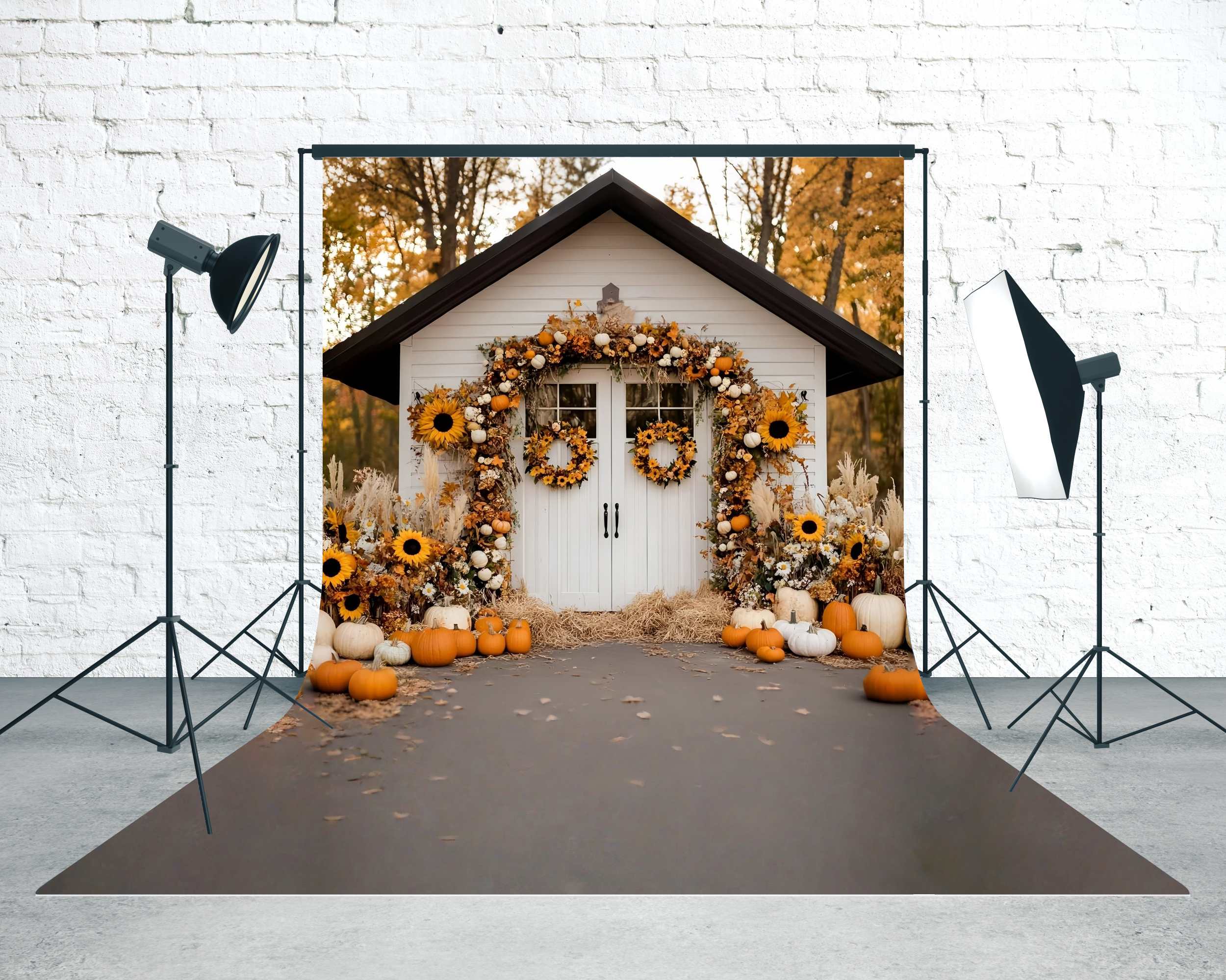 Fall Backdrop for Pictures Sunflower Pumpkin Cottage Porch Sweep Backdrop MRR8-79