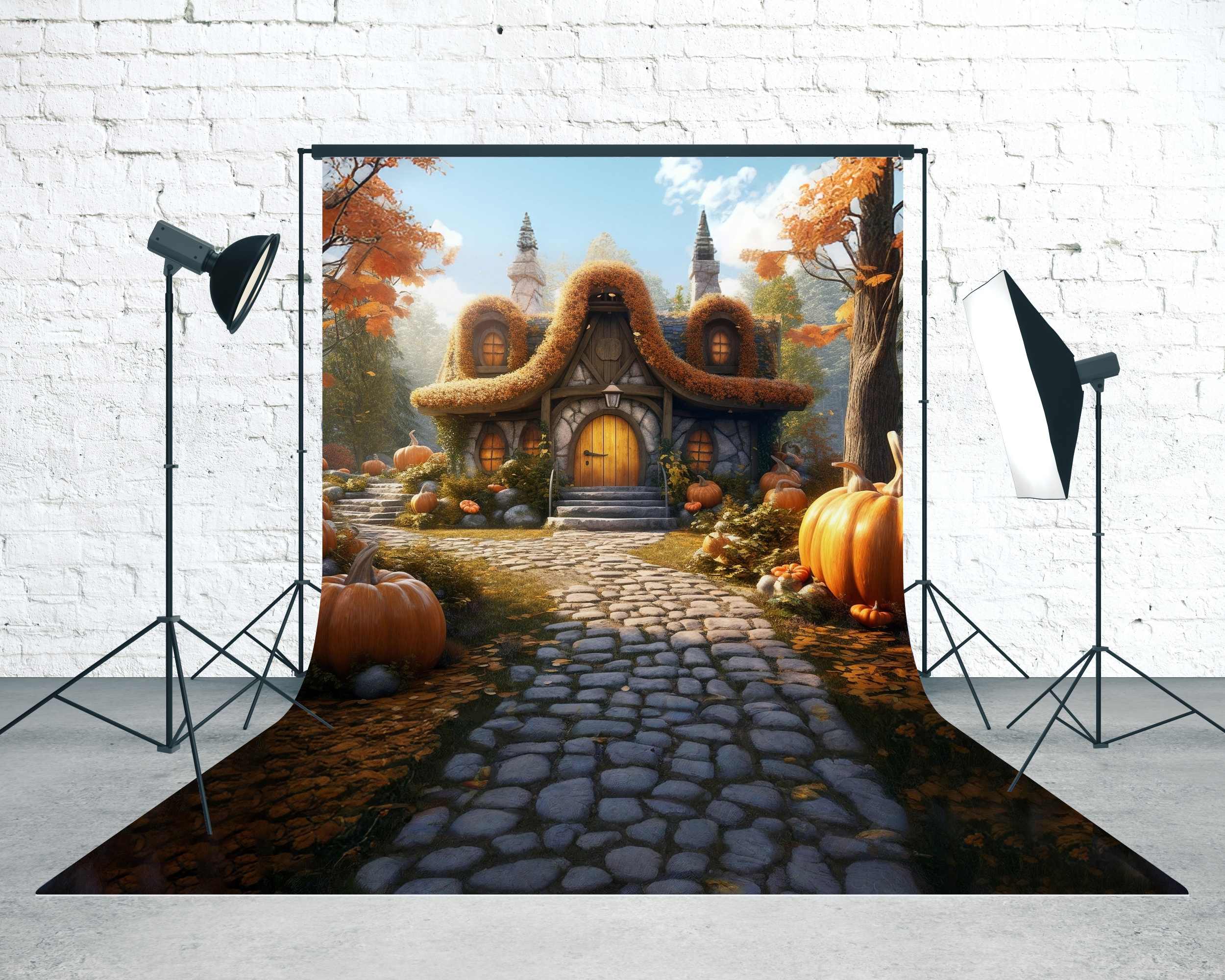 Fall Photo Backdrop Pumpkin Cottage Pathway Sweep Backdrop MRR8-91