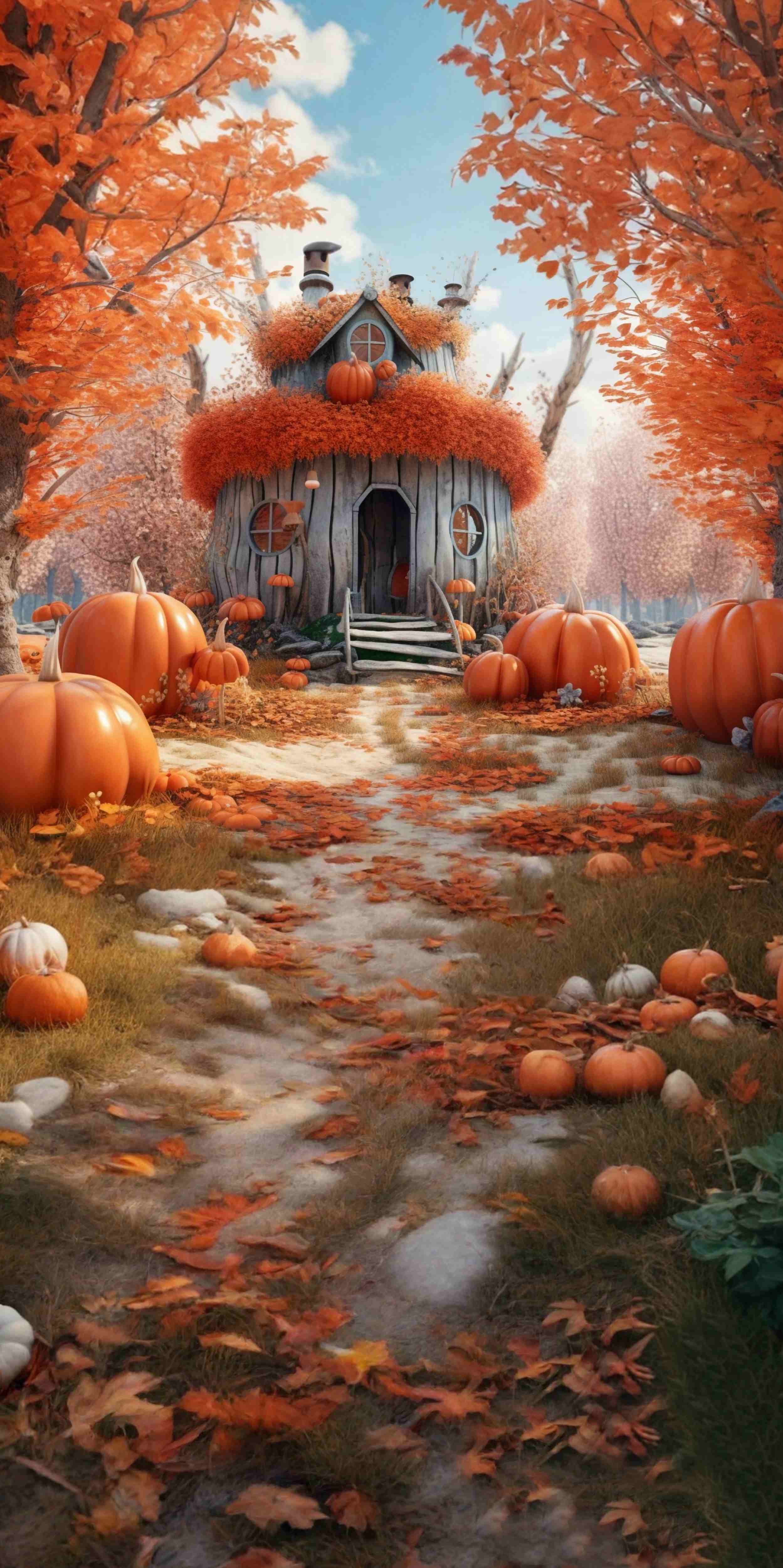 Autumn Backdrop Whimsical Pumpkin House Lane Sweep Backdrop MRR8-93