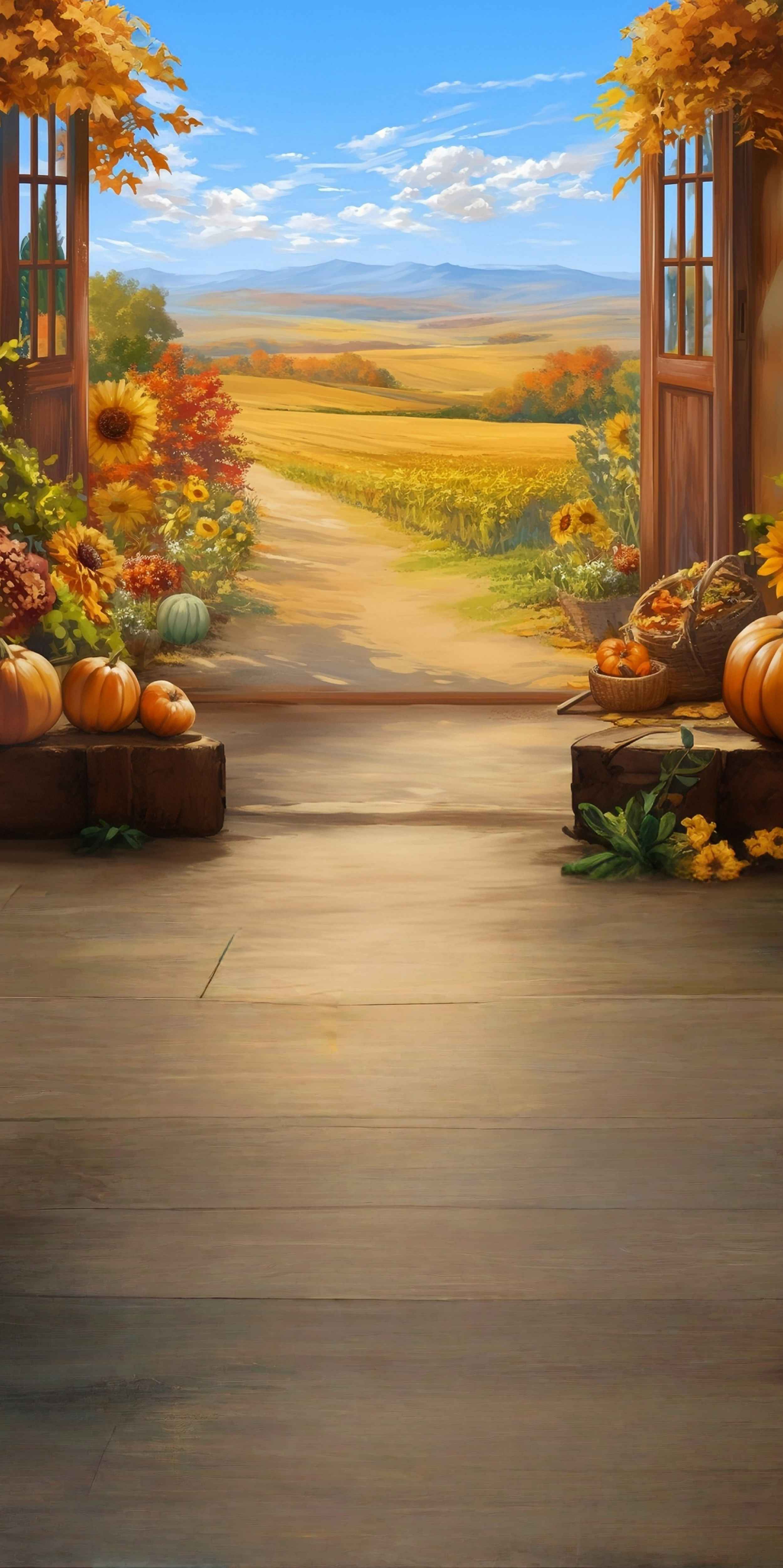 Fall Leaves Backdrop Autumn Window View Farm Trail Sweep Backdrop MRR8-98