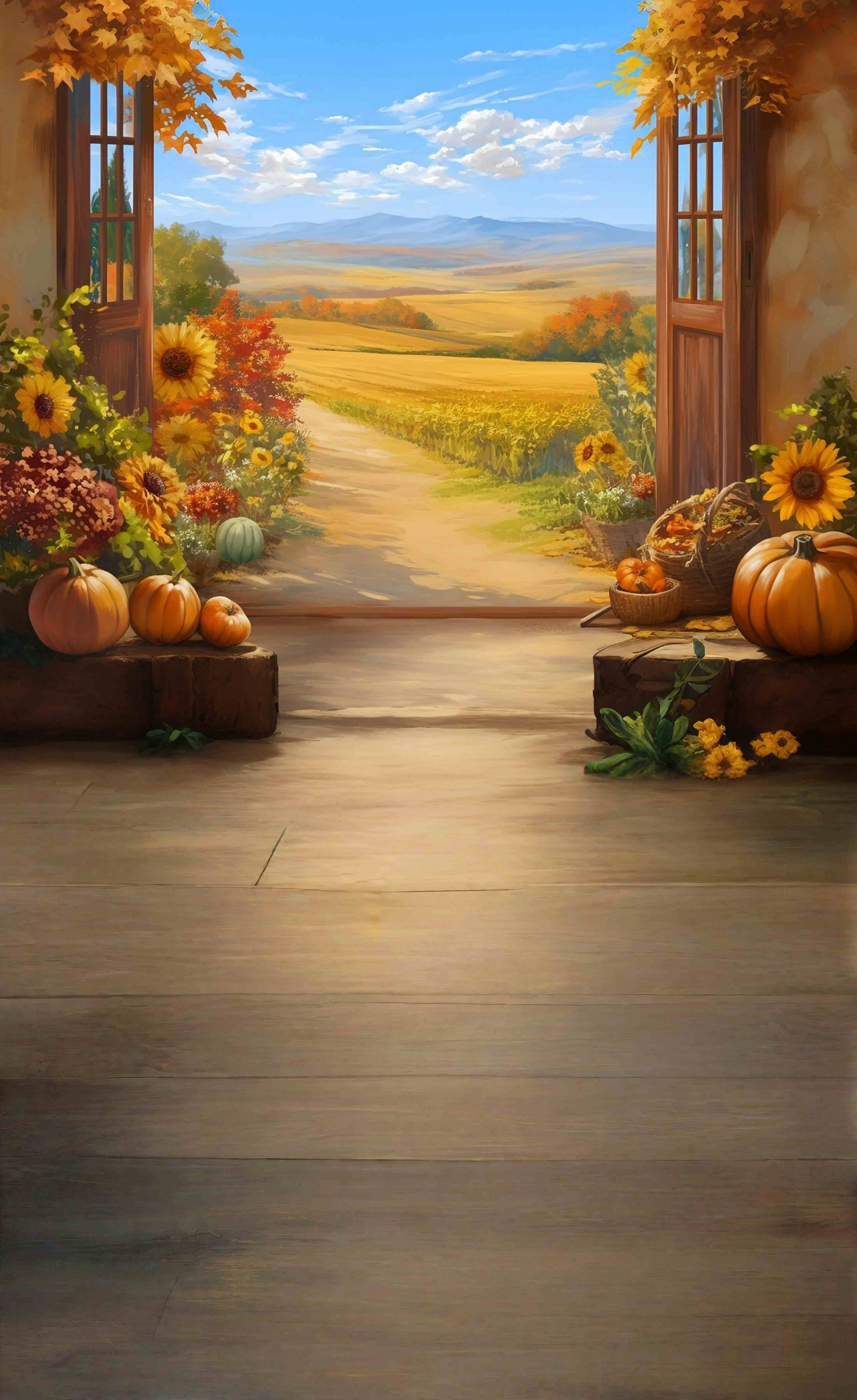 Fall Leaves Backdrop Autumn Window View Farm Trail Sweep Backdrop MRR8-98