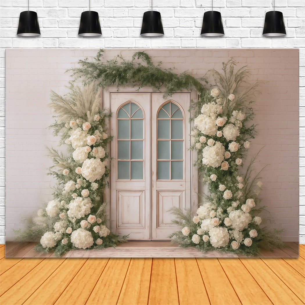 Spring Floral Backdrop White Roses Vintage Door Flowers Spring Backdrop MRR9-1