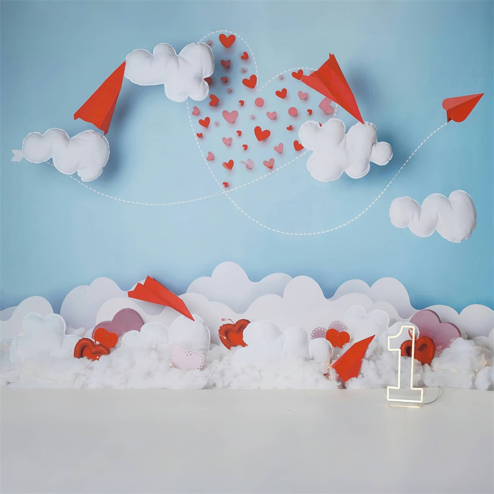 Valentine's Day Backdrop Paper Planes Clouds Heart Trail Valentine Backdrop MRR9-104