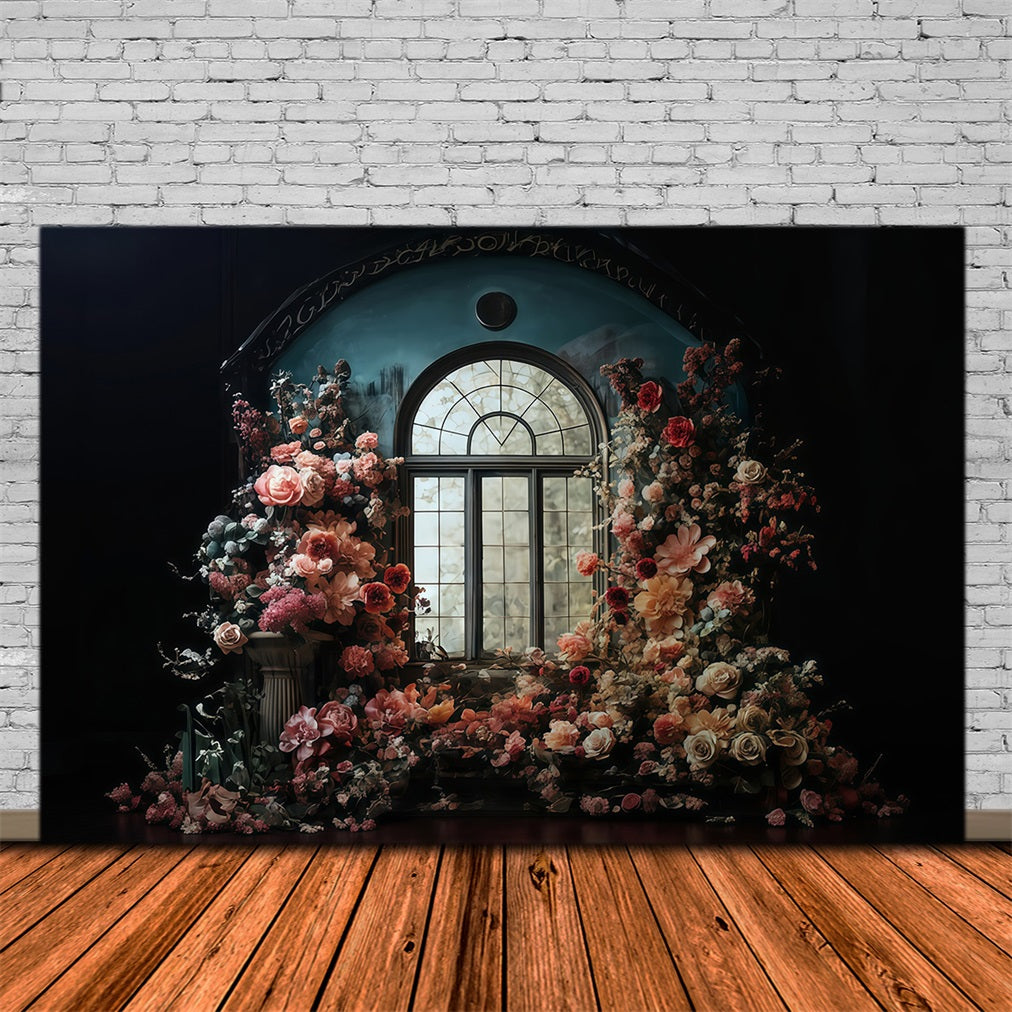 Floral Backdrop Arched Window Surrounded Flowers Vintage Photo Backdrop MRR9-106