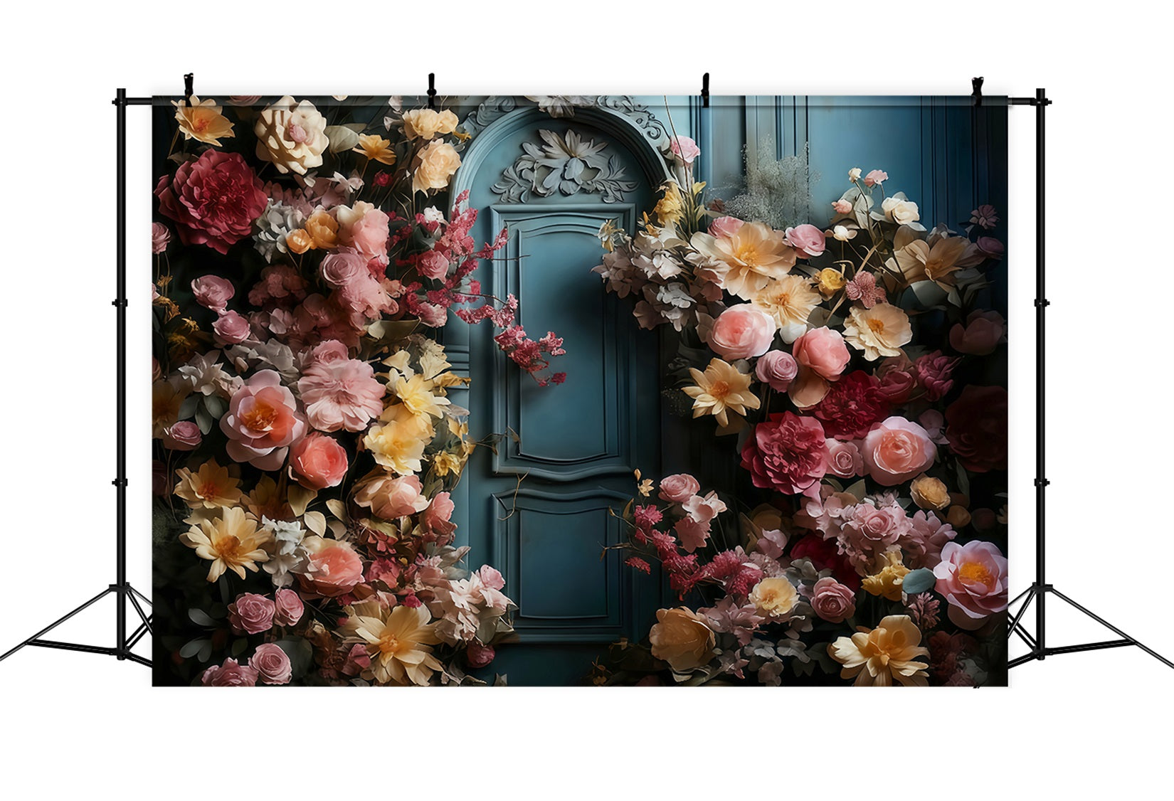 Flower Photo Backdrop Blue Door Blooming Flowers Floral Backdrop MRR9-123
