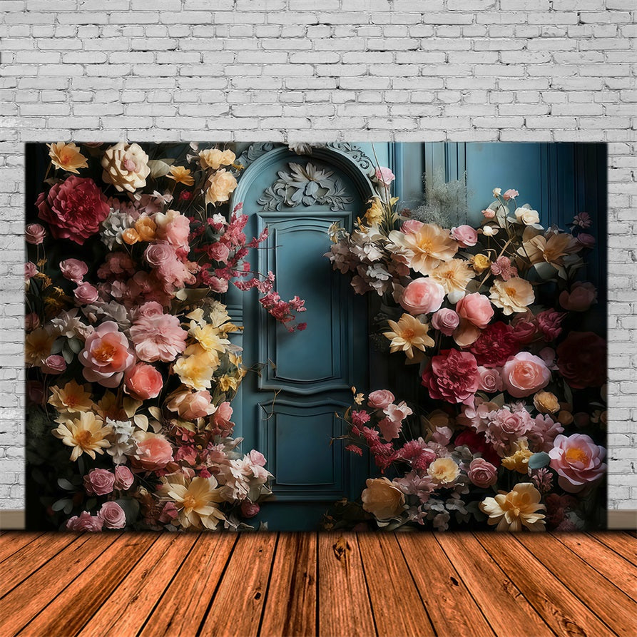 Flower Photo Backdrop Blue Door Blooming Flowers Floral Backdrop MRR9-123