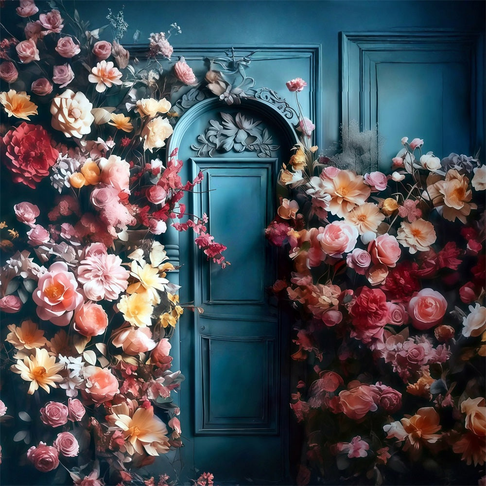 Flower Photo Backdrop Blue Door Blooming Flowers Floral Backdrop MRR9-123