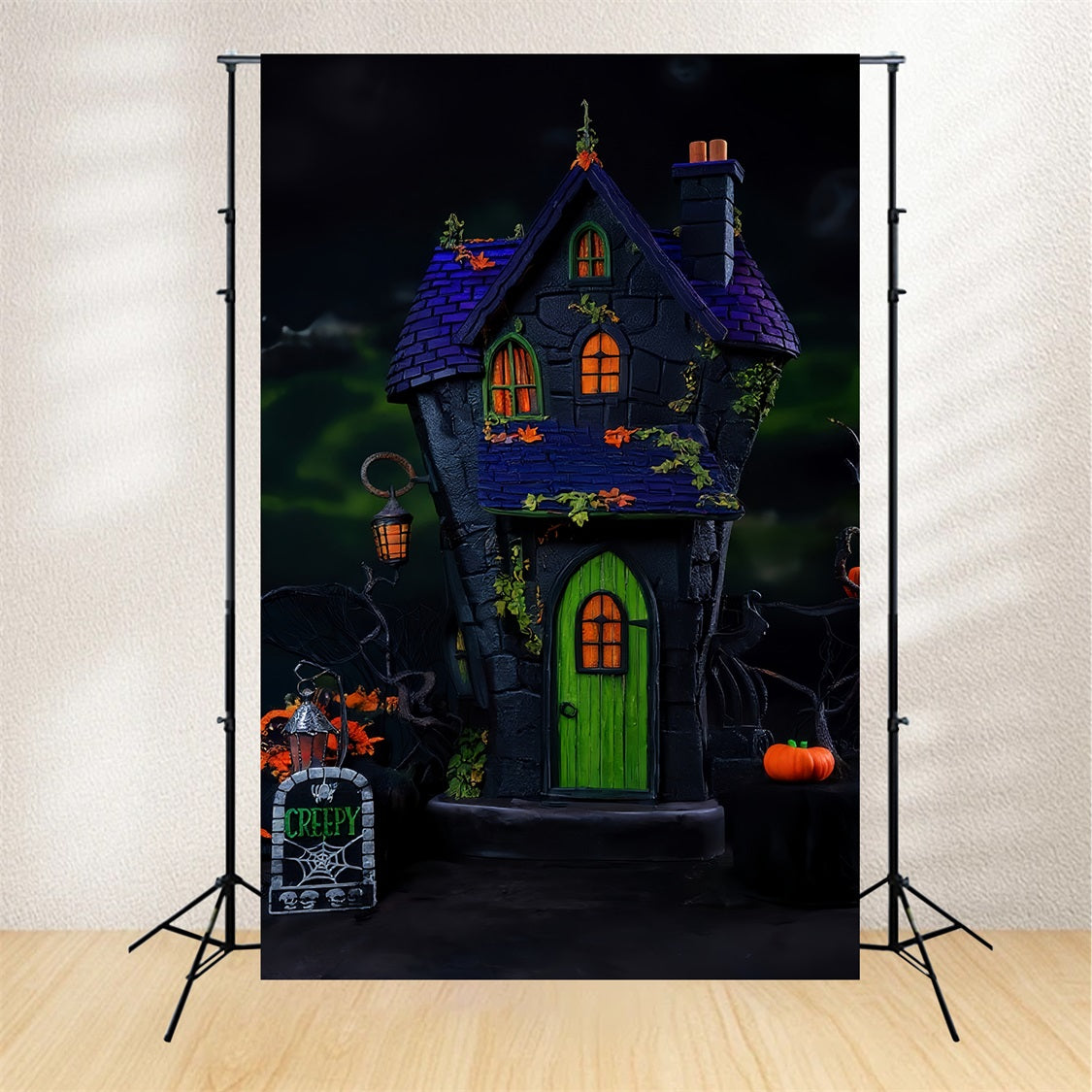 Spooky Halloween Backdrop Haunted House Green Door Lights Halloween Backdrop MRR9-131