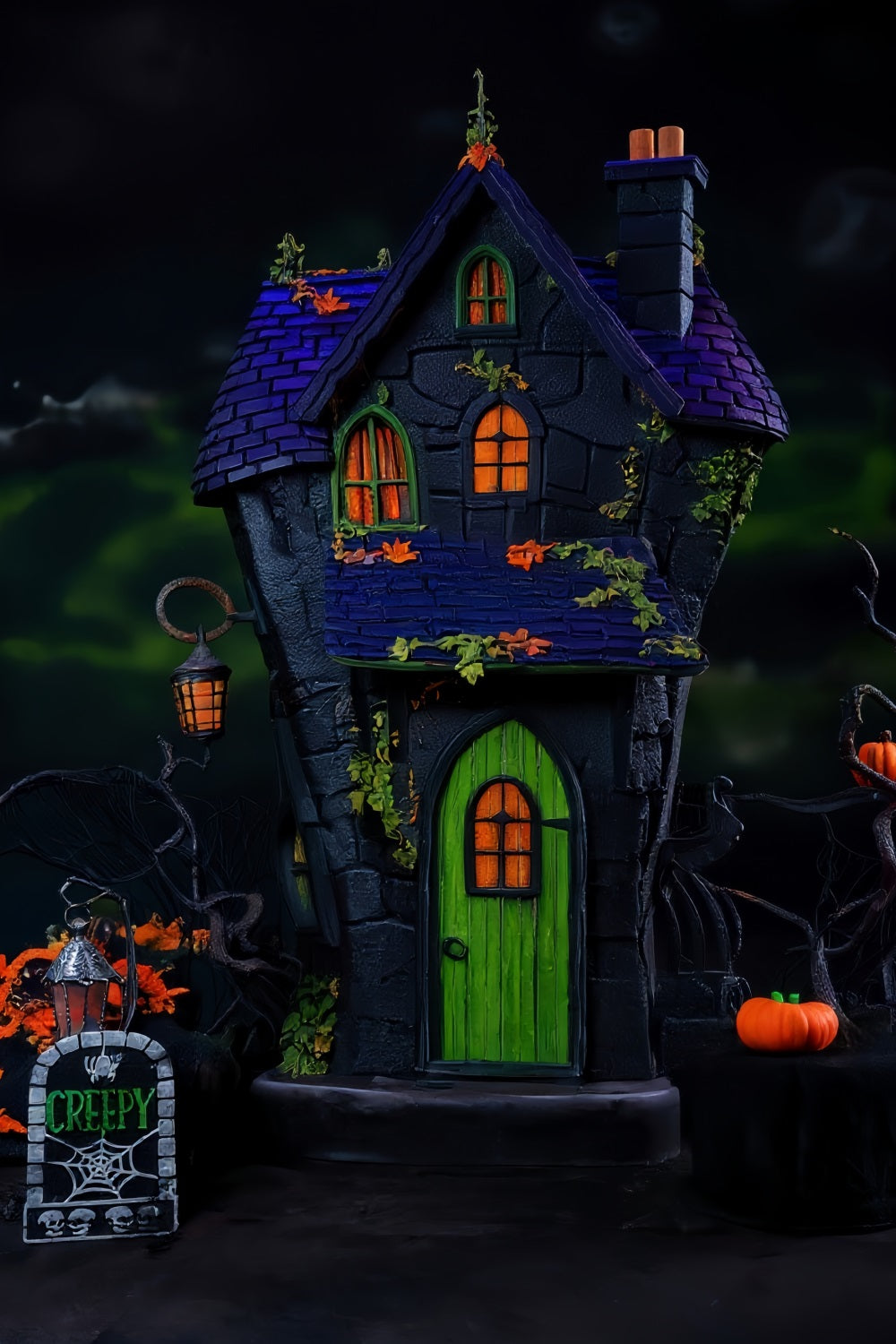 Spooky Halloween Backdrop Haunted House Green Door Lights Halloween Backdrop MRR9-131