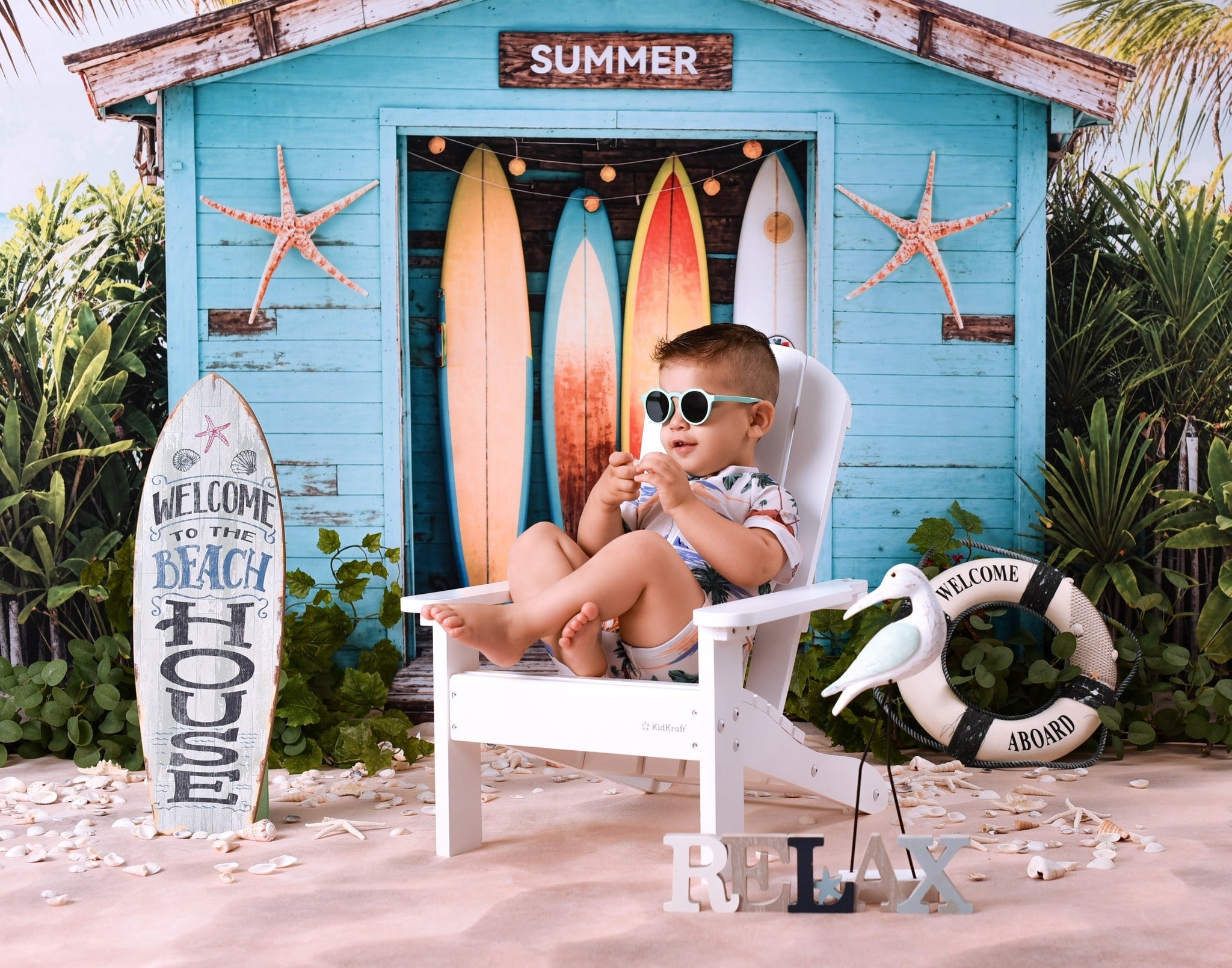 Beach Backdrop Surfboards Tropical Beach Hut Summer Backdrop MRR9-17