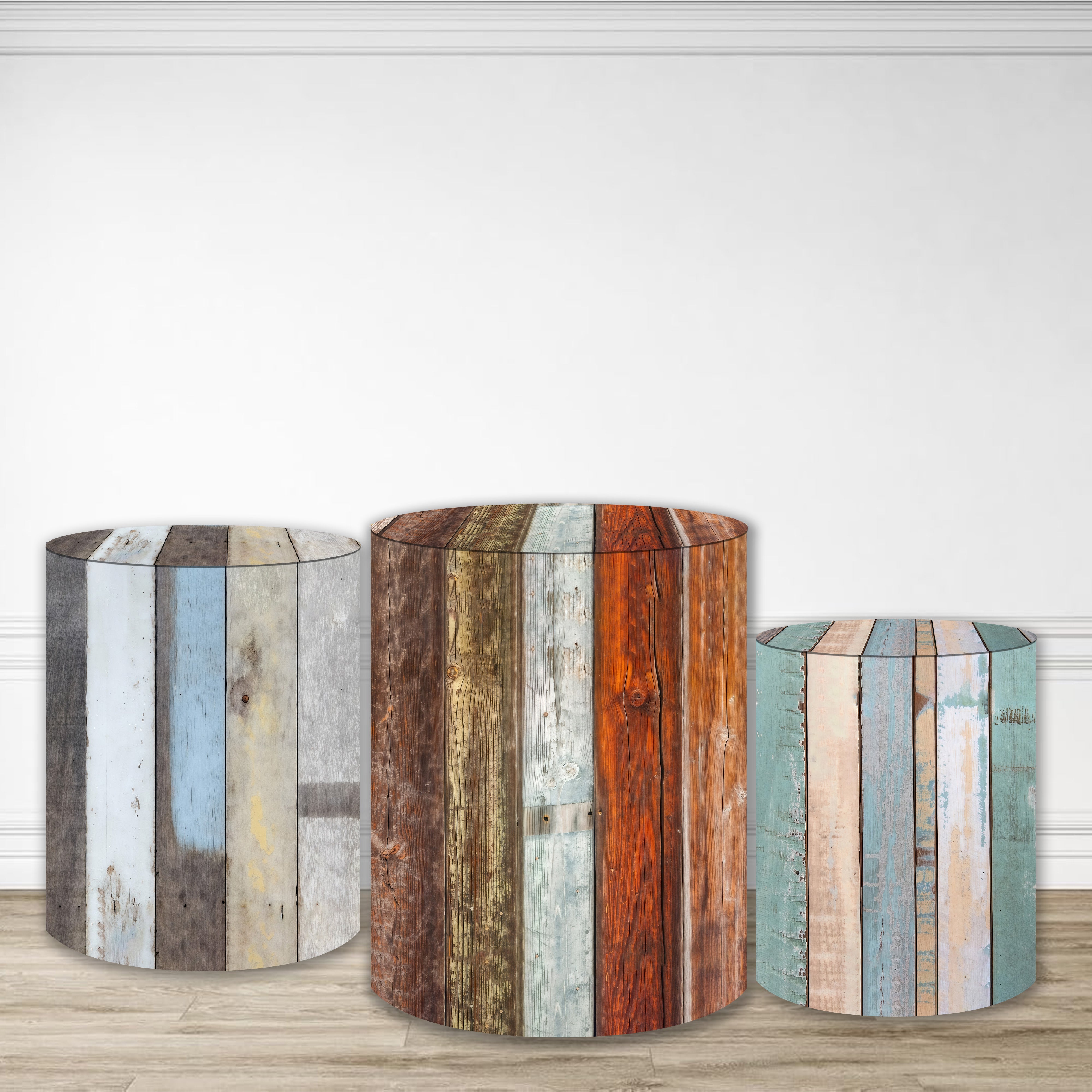 Pedestal Covers Rustic Multicolor Wooden Plank Plinth Cylinder Cover Kit MRR9-195