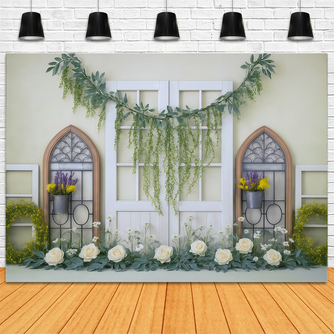 Spring Floral Backdrop Yellow Greenery Window Floral Garland Spring Backdrop Ideas MRR9-3