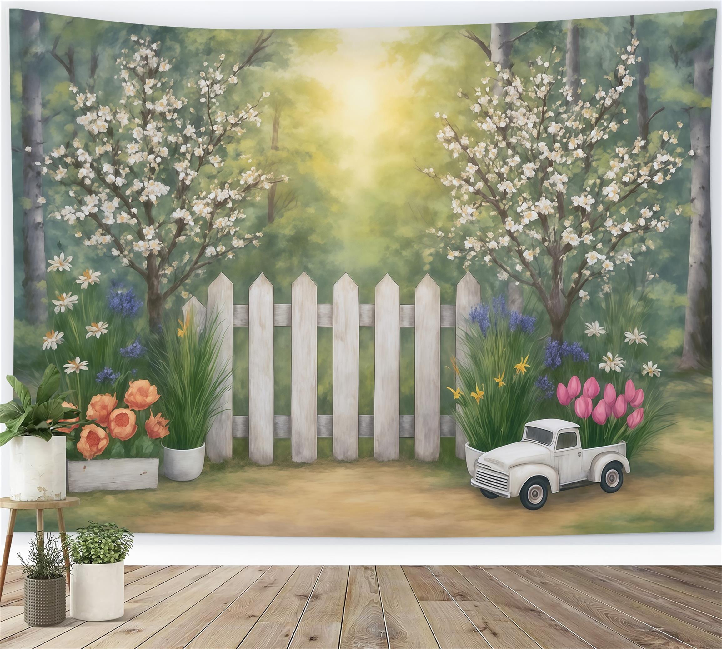 Fine Art Backdrops Spring Garden Fence Flowers Truck Artistic Backdrop MRR9-34