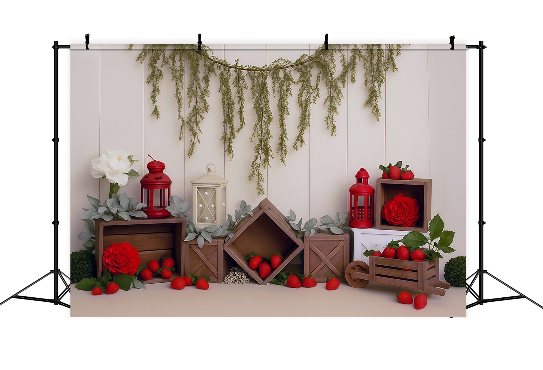 Spring Backdrop Rustic Crates Strawberries Red Lanterns Spring Photo Backdrop MRR9-4