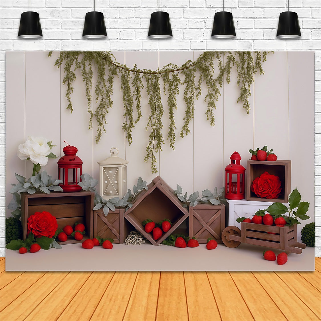 Spring Backdrop Rustic Crates Strawberries Red Lanterns Spring Photo Backdrop MRR9-4