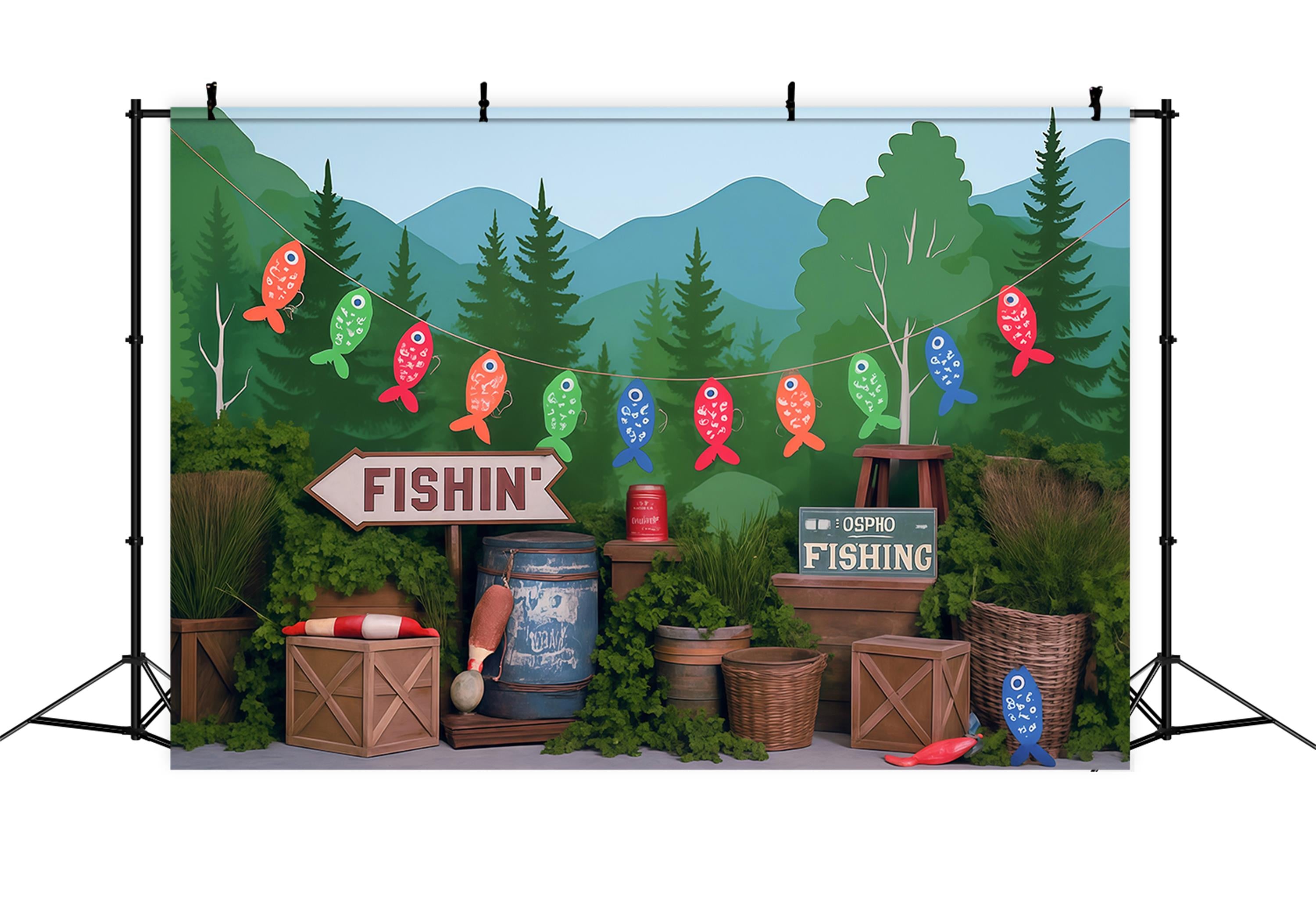 Forest Backdrop Lakeside Forest Fishing Party Setup Kids Photo Backdrop MRR9-49
