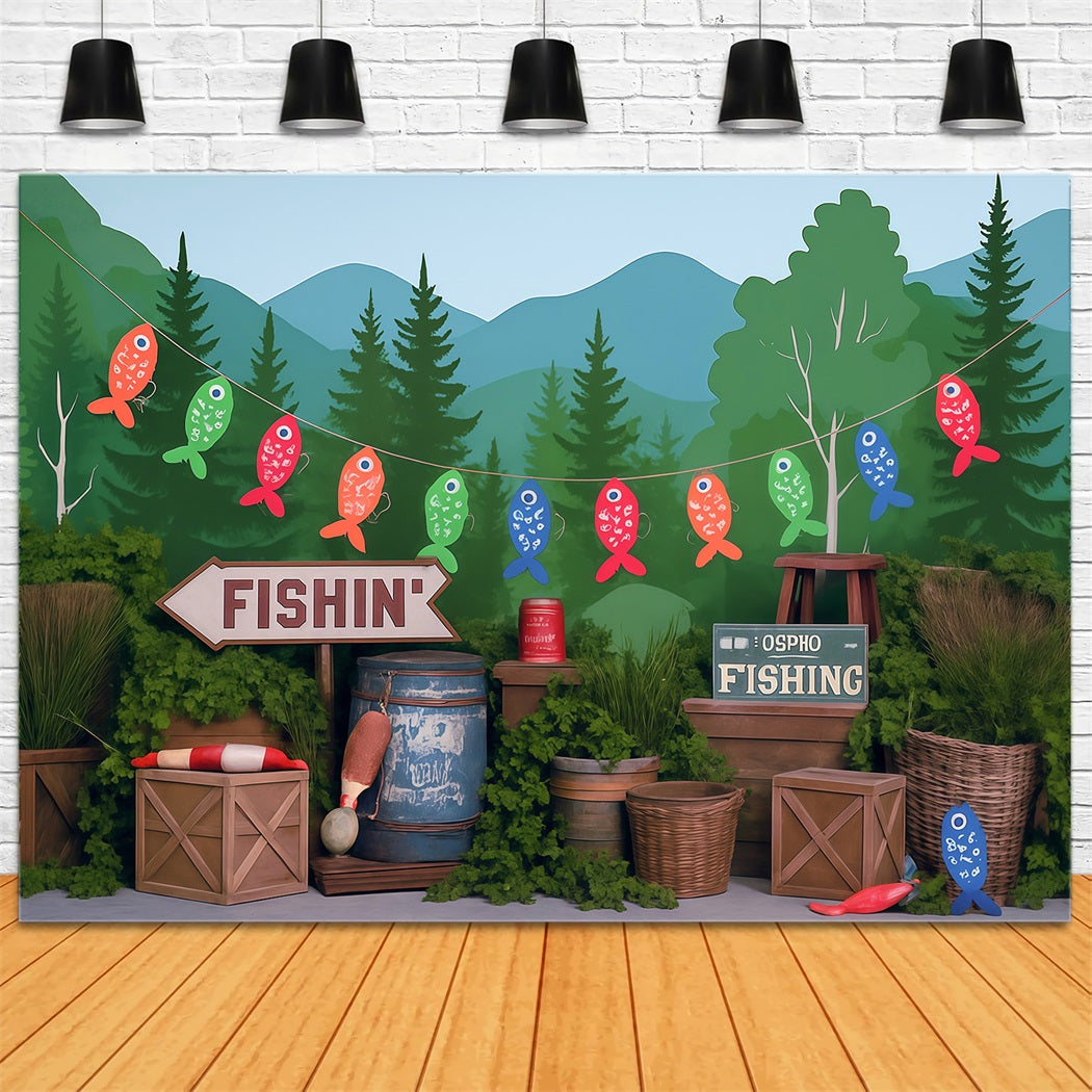 Forest Backdrop Lakeside Forest Fishing Party Setup Kids Photo Backdrop MRR9-49