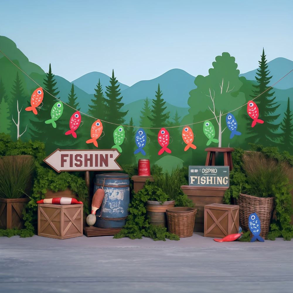 Forest Backdrop Lakeside Forest Fishing Party Setup Kids Photo Backdrop MRR9-49