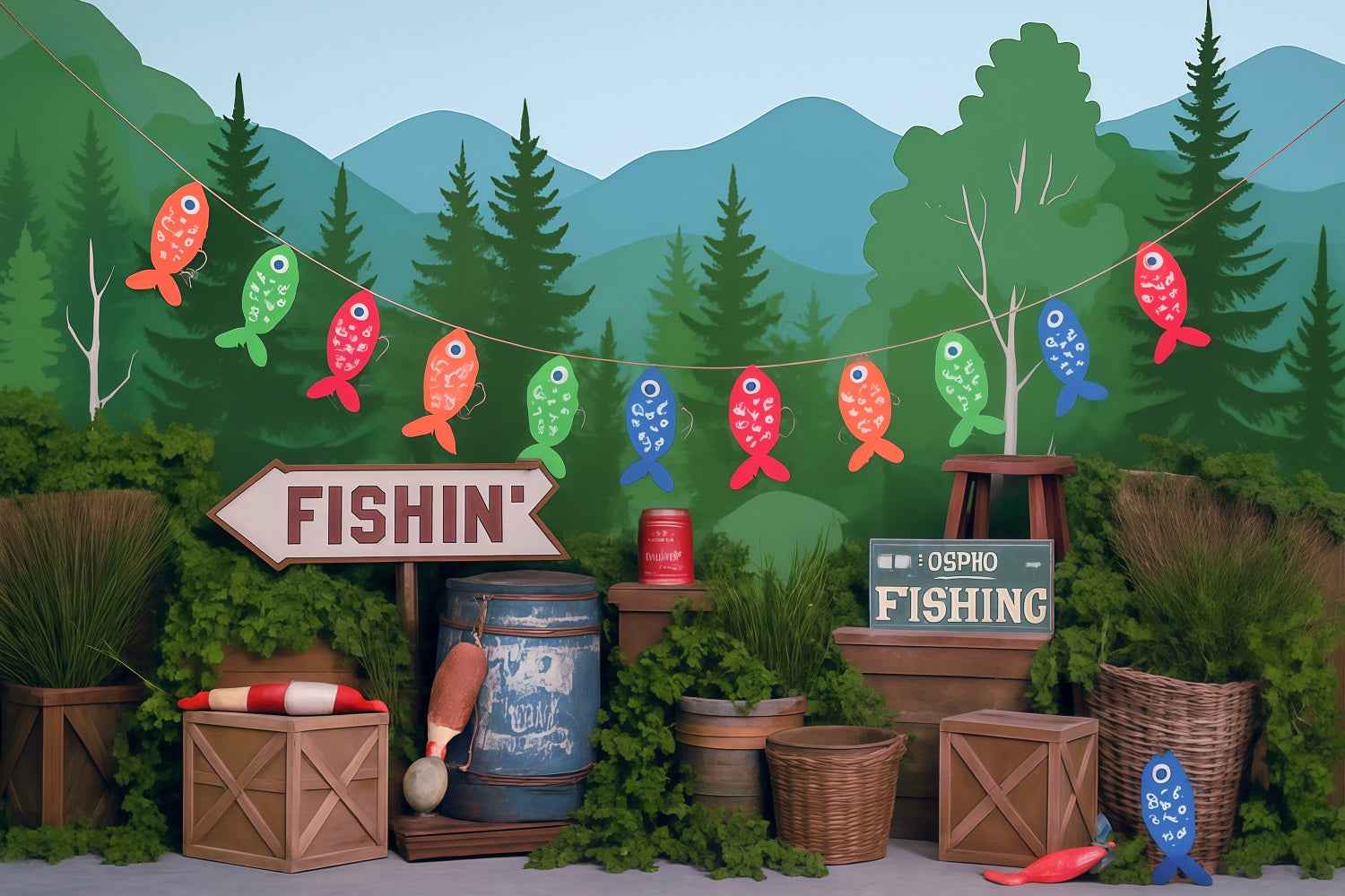 Forest Backdrop Lakeside Forest Fishing Party Setup Kids Photo Backdrop MRR9-49