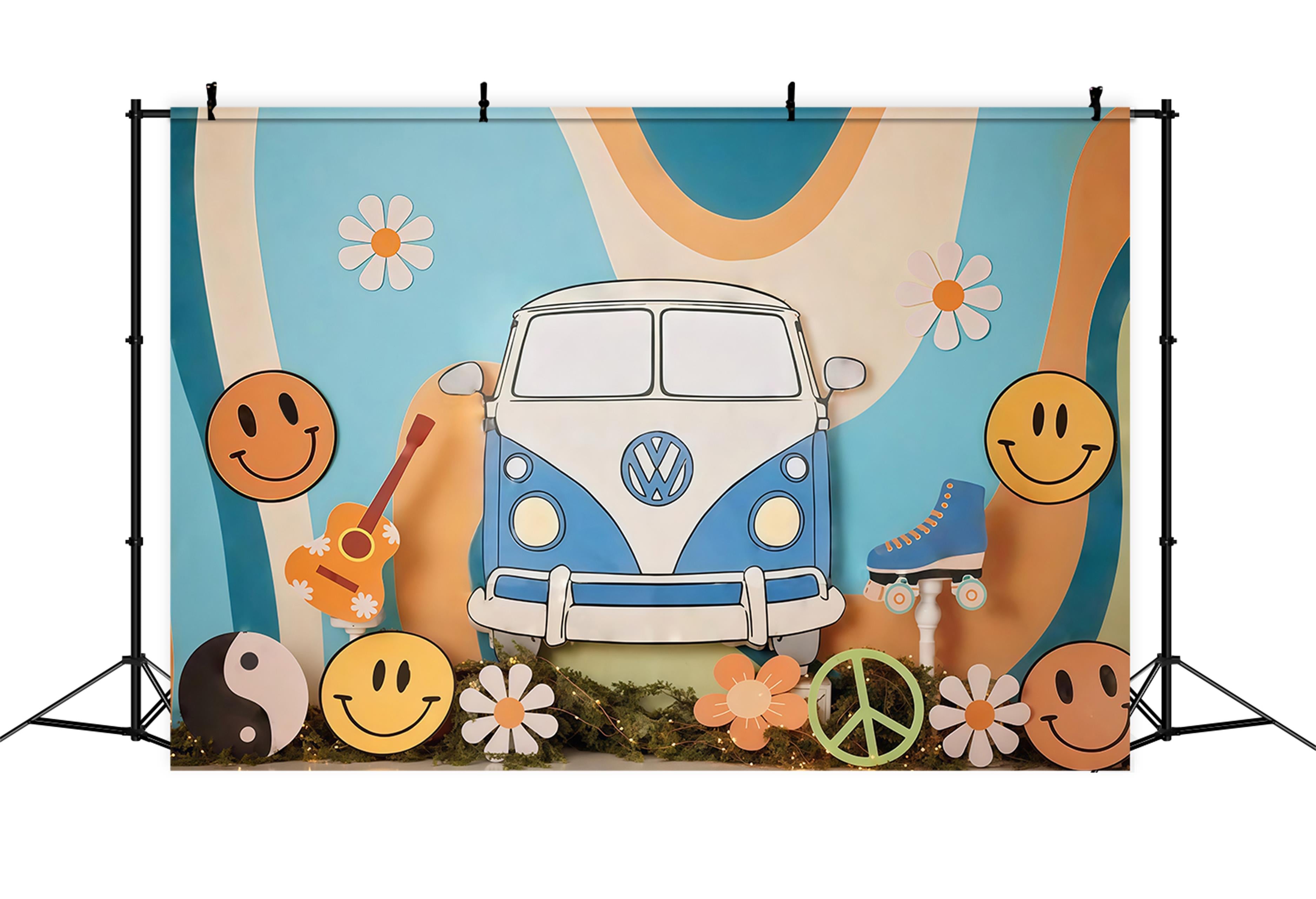 Birthday Backdrop Retro Hippie Van Smiley Symbols Cake Smash Backdrop MRR9-57