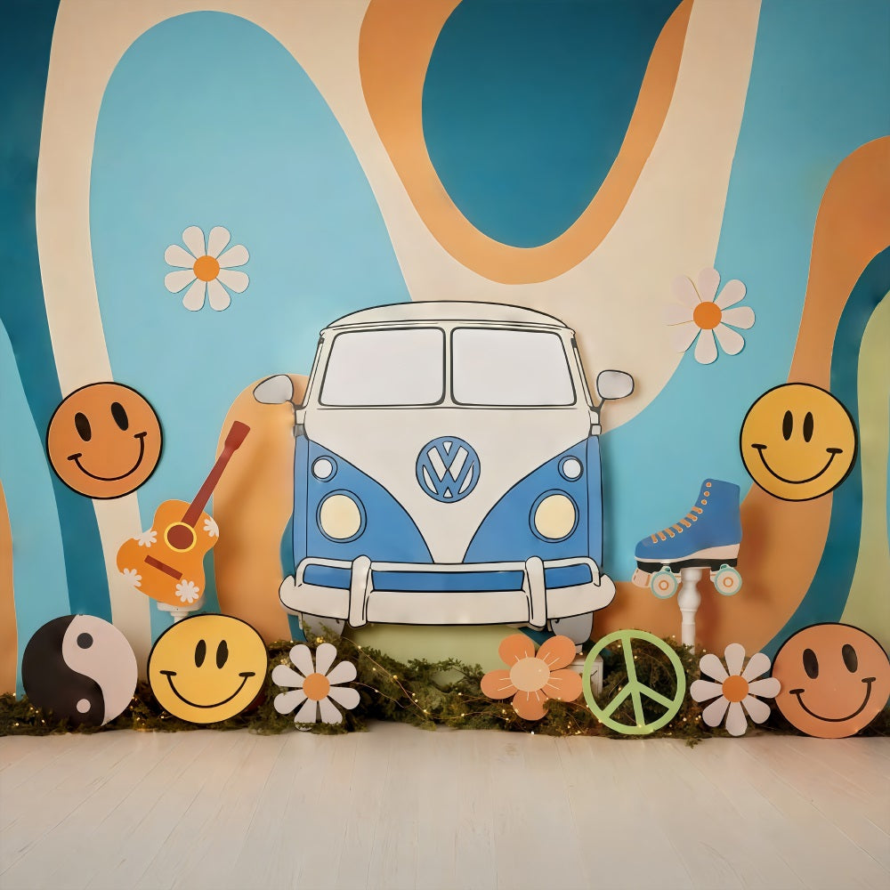 Birthday Backdrop Retro Hippie Van Smiley Symbols Cake Smash Backdrop MRR9-57