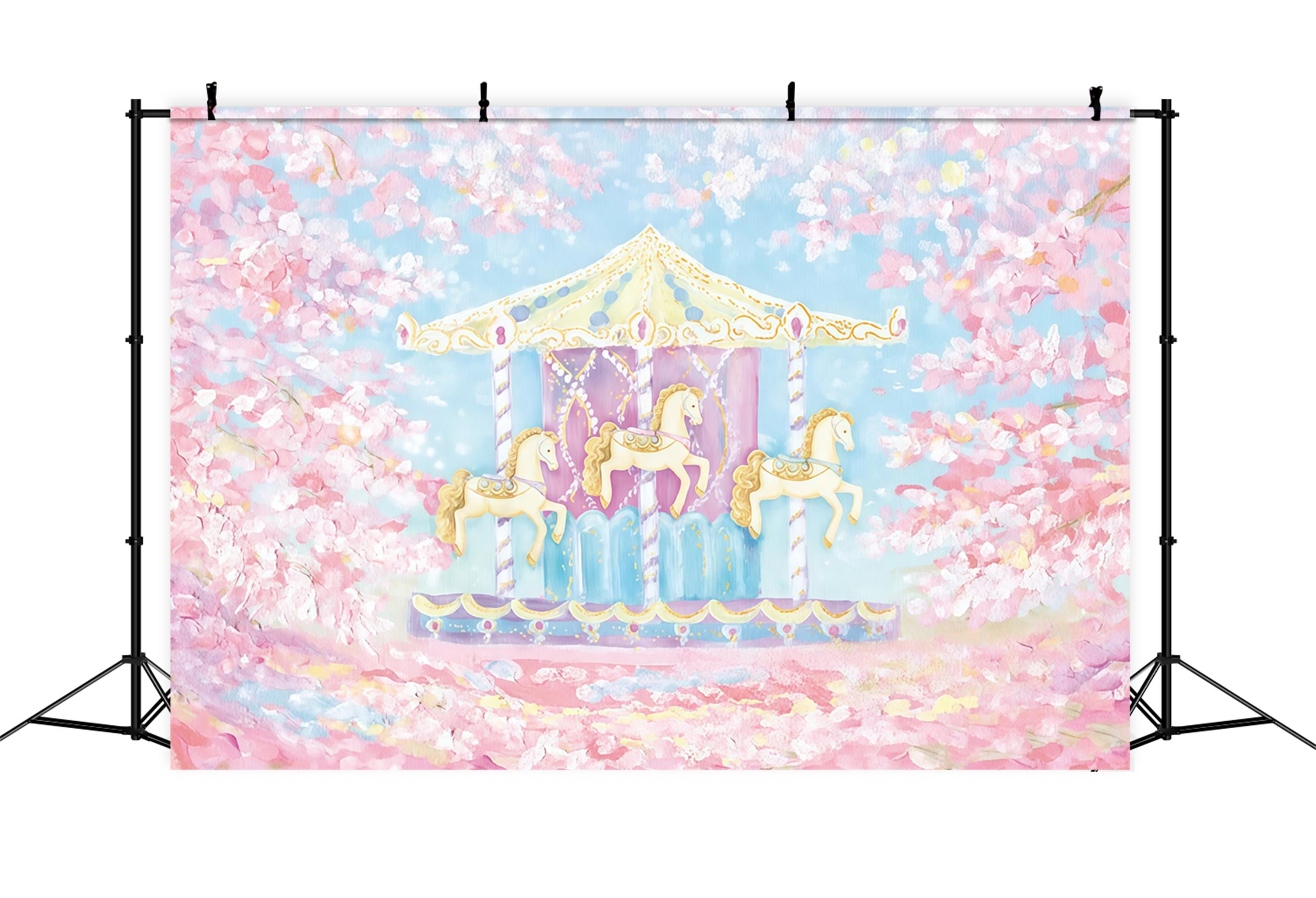 Children Backdrops Carousel Horses Cherry Blossom Newborn Photography Backdrop MRR9-59