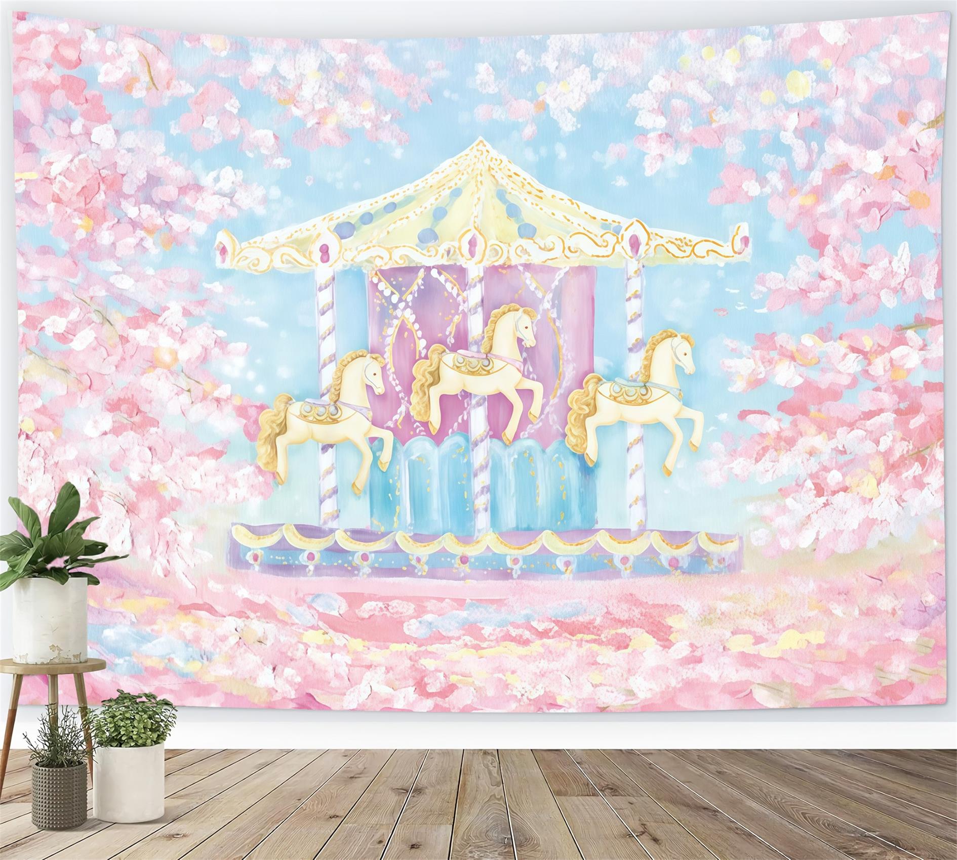 Children Backdrops Carousel Horses Cherry Blossom Newborn Photography Backdrop MRR9-59
