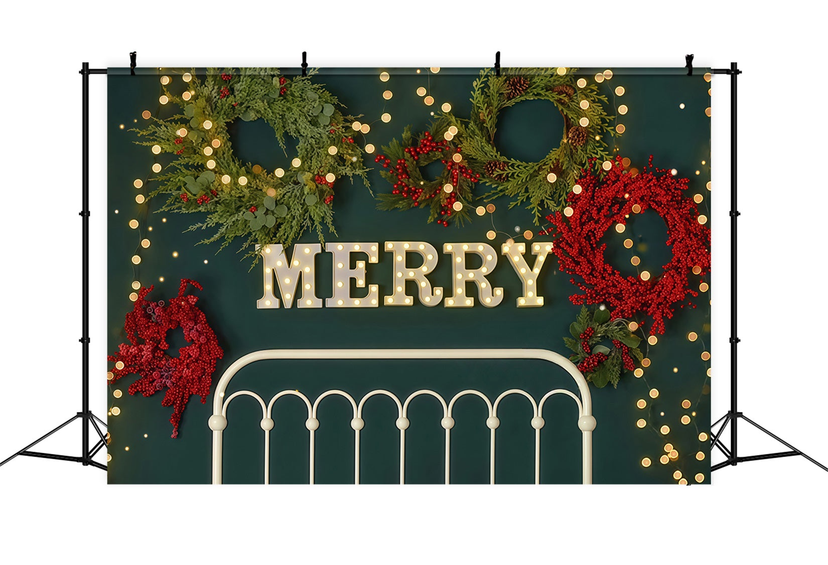 Christmas Backdrop Merry Wreath Holiday Lights Headboard Christmas Photo Backdrop MRR9-6