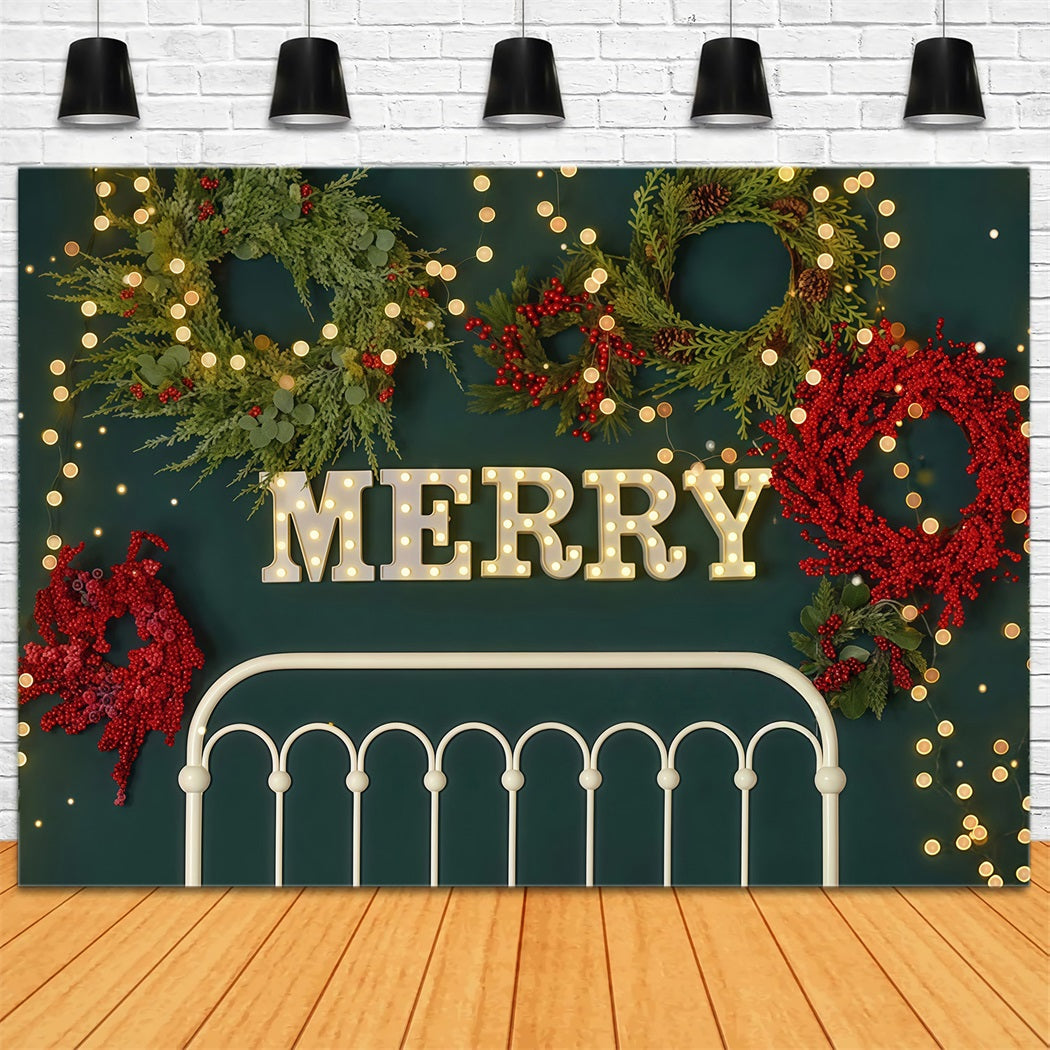 Christmas Backdrop Merry Wreath Holiday Lights Headboard Christmas Photo Backdrop MRR9-6