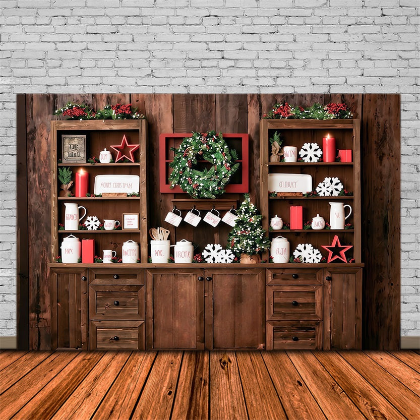 Christmas Kitchen Backdrop Rustic Shelves Festive Display Christmas Photo Backdrop MRR9-61
