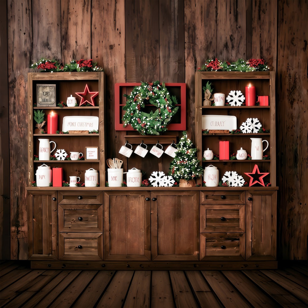 Christmas Kitchen Backdrop Rustic Shelves Festive Display Christmas Photo Backdrop MRR9-61