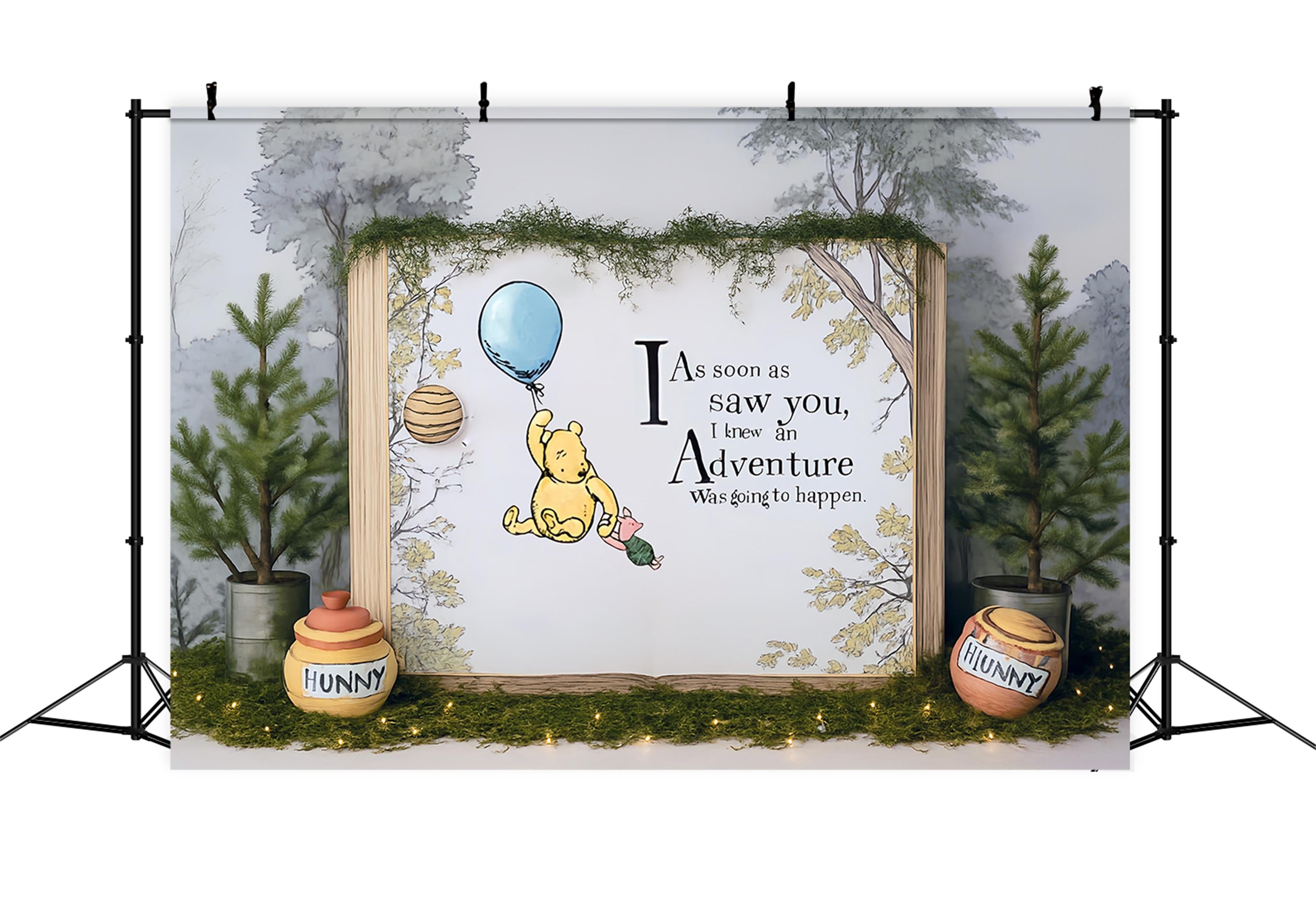 Cake Smash Backdrop Pooh Balloon Adventure Forest Quote 1st Birthday Backdrop MRR9-63