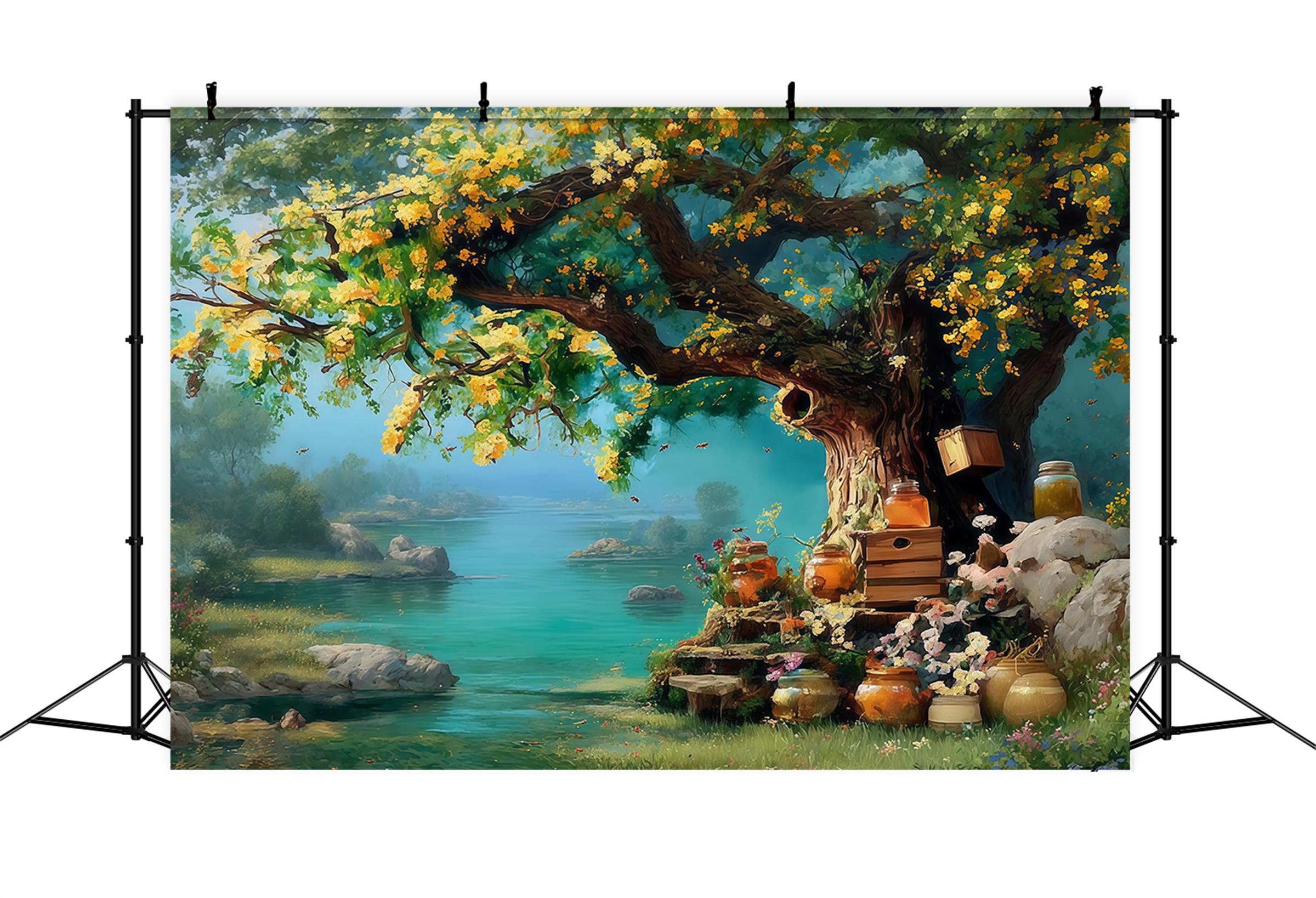 Oil Painting Backdrop Golden Honey Tree Riverside Garden Fine Art Backdrop MRR9-64