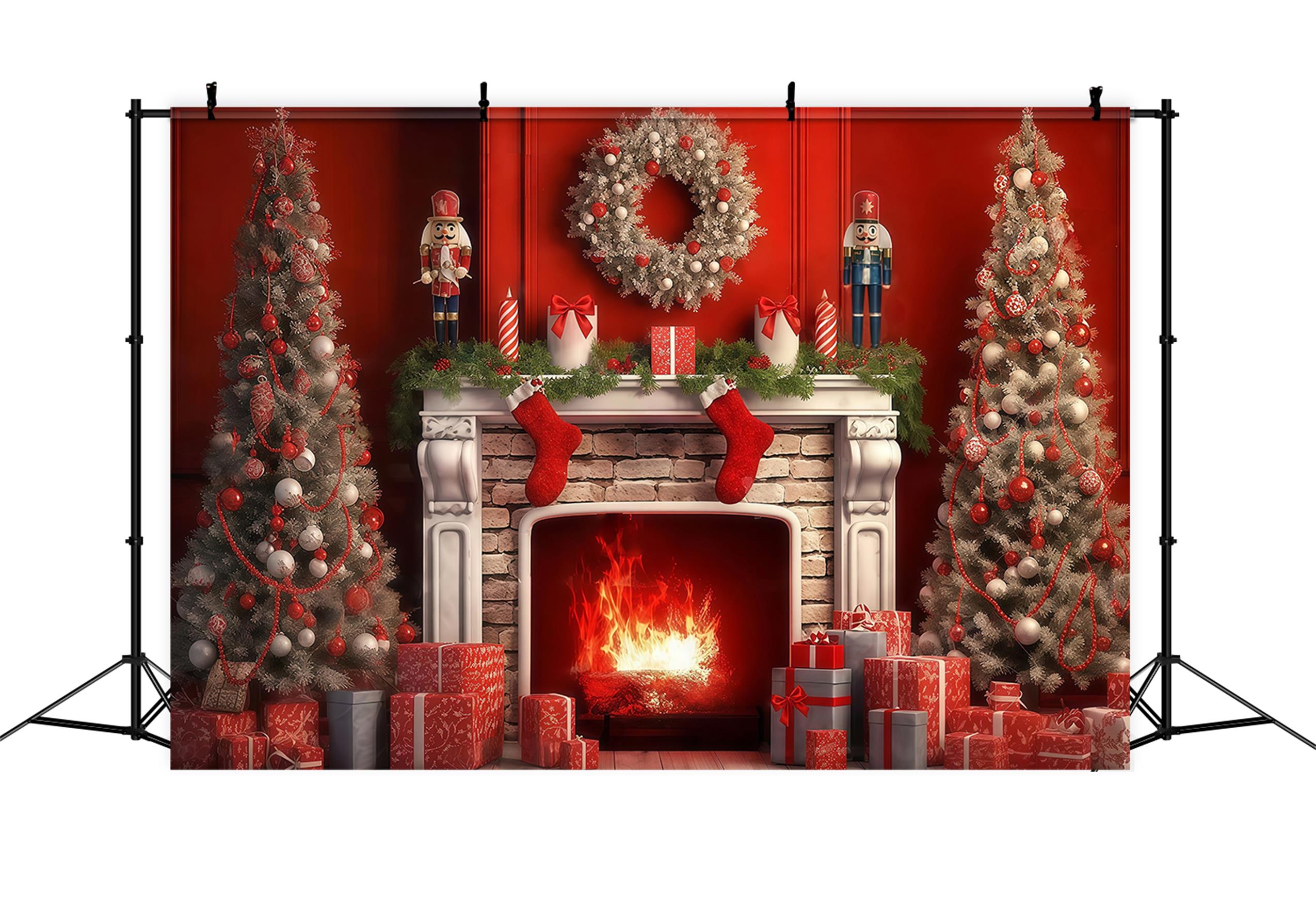Nutcracker Backdrop Fireplace Red Vintage Wall Christmas Backdrop Ideas MRR9-69