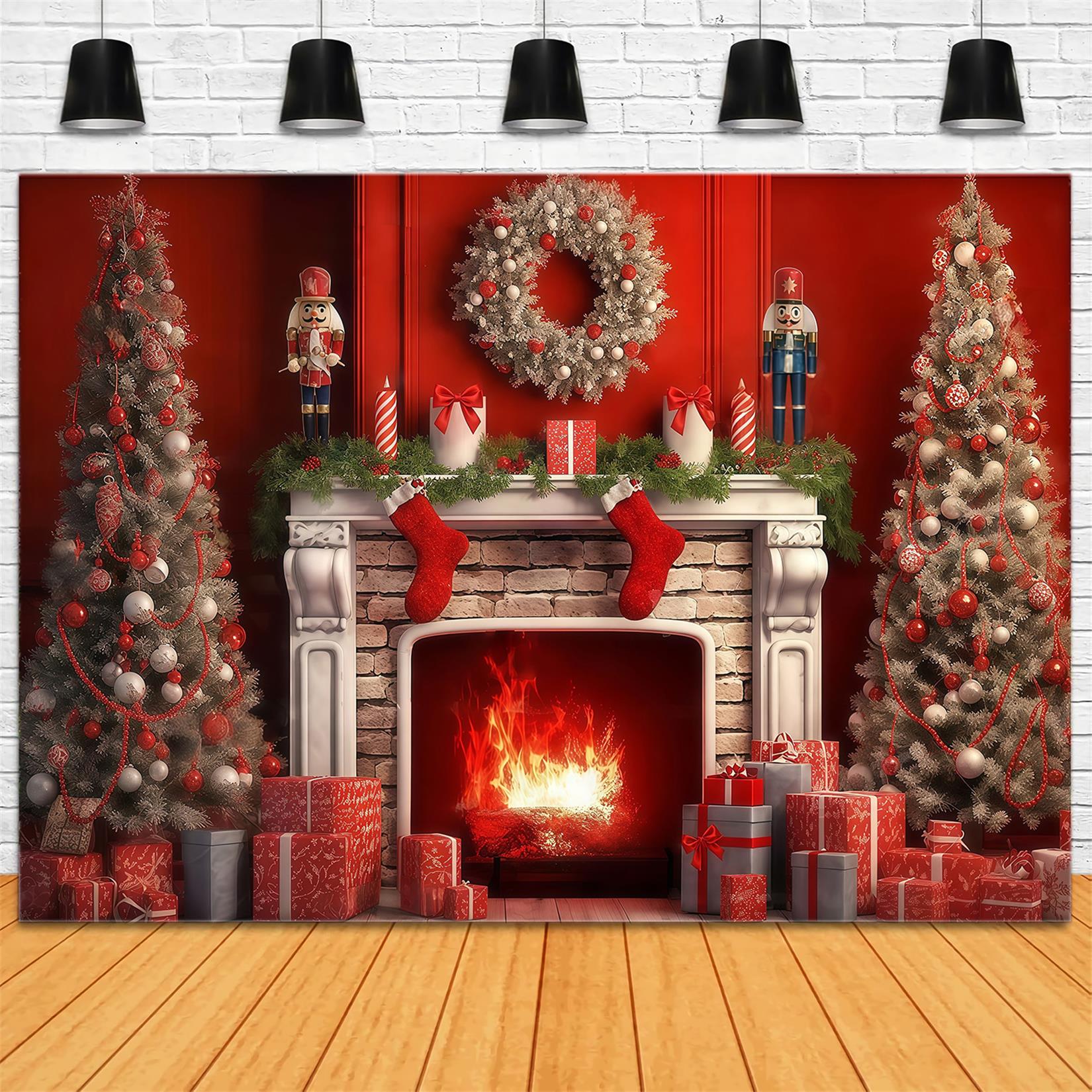 Nutcracker Backdrop Fireplace Red Vintage Wall Christmas Backdrop Ideas MRR9-69