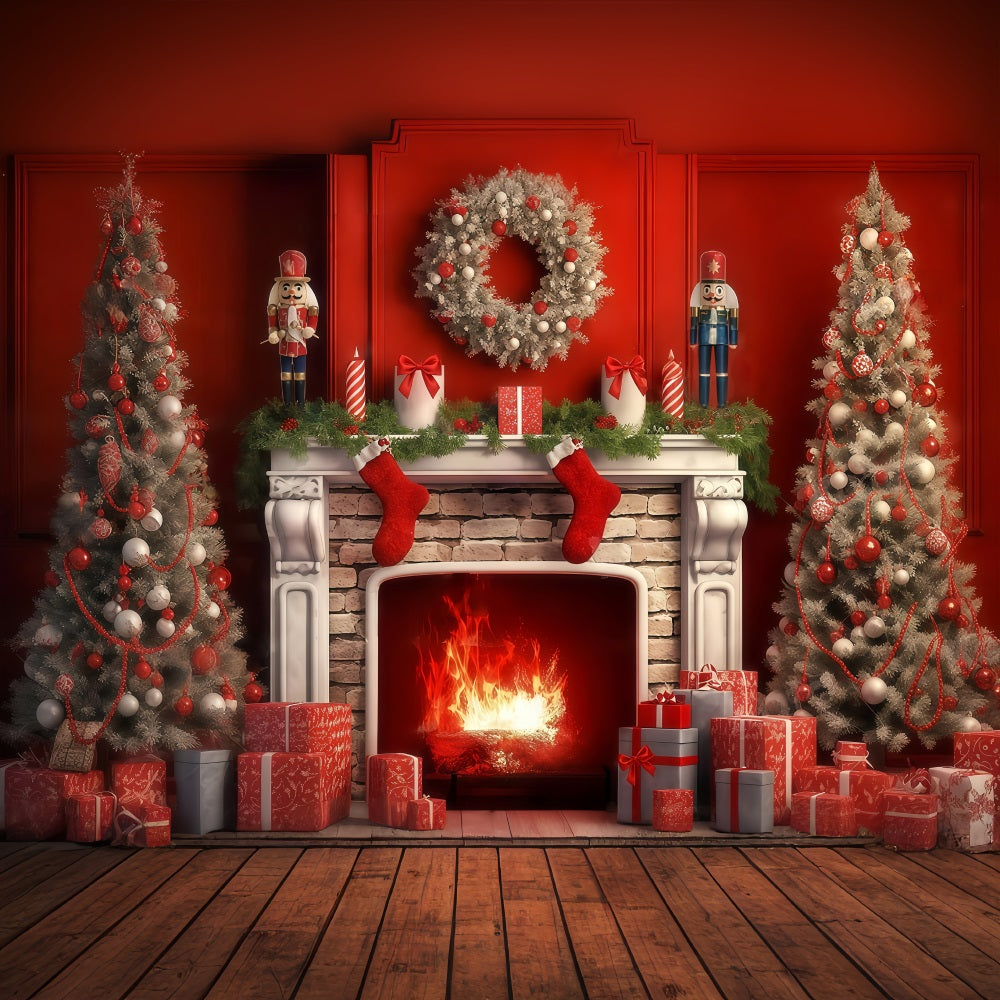 Nutcracker Backdrop Fireplace Red Vintage Wall Christmas Backdrop Ideas MRR9-69