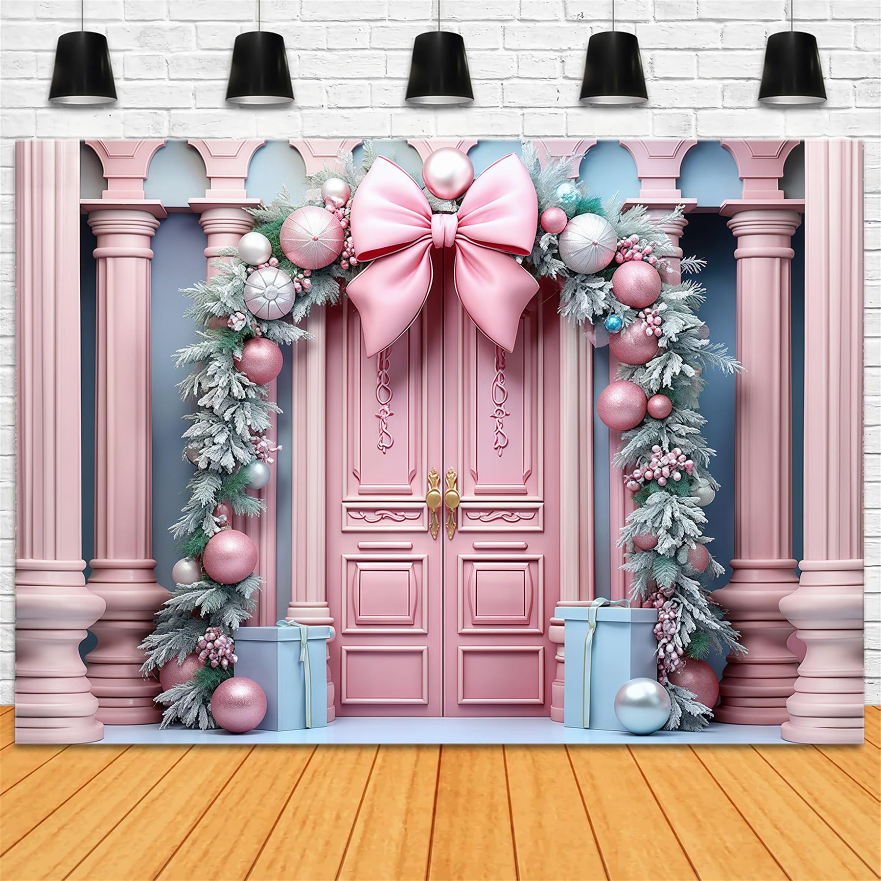Pink Christmas Backdrop Pink Door Bow Garland Christmas Backdrop MRR9-70
