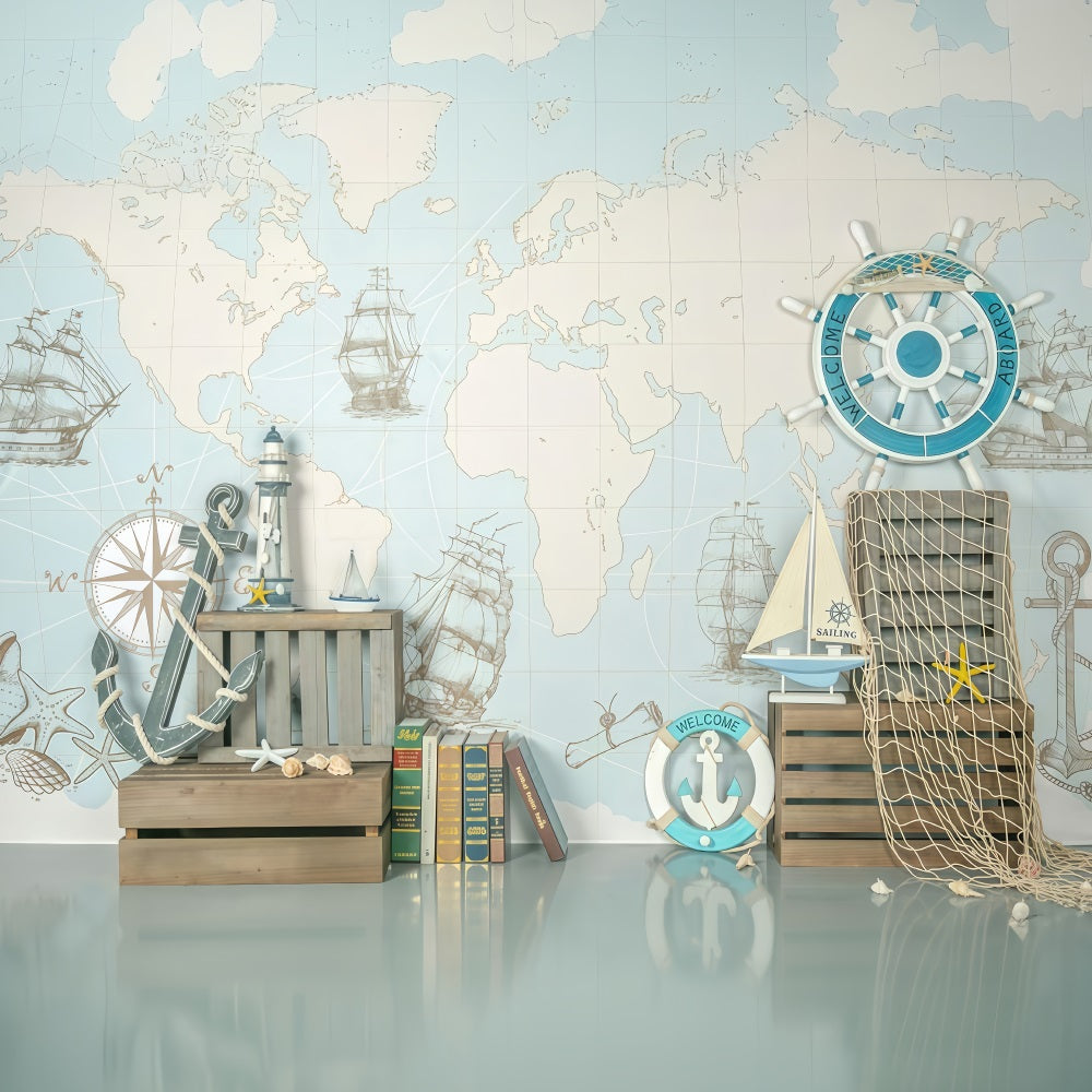 Newborn Backdrop Nautical Map Ships Helm Decor Kids Photo Backdrop MRR9-82