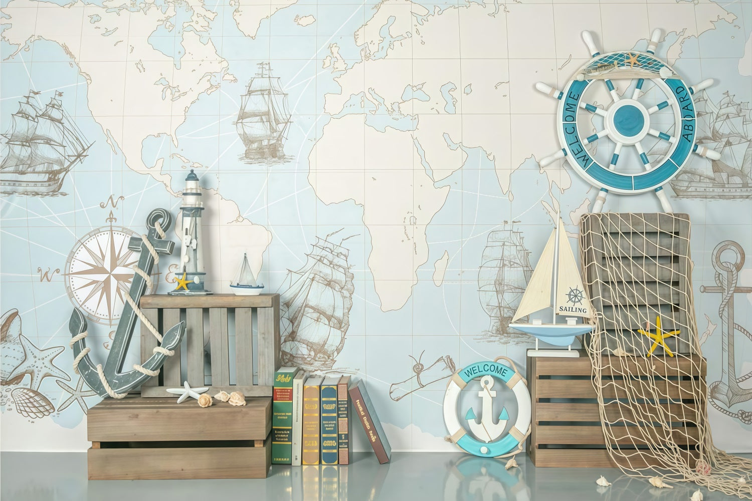 Newborn Backdrop Nautical Map Ships Helm Decor Kids Photo Backdrop MRR9-82