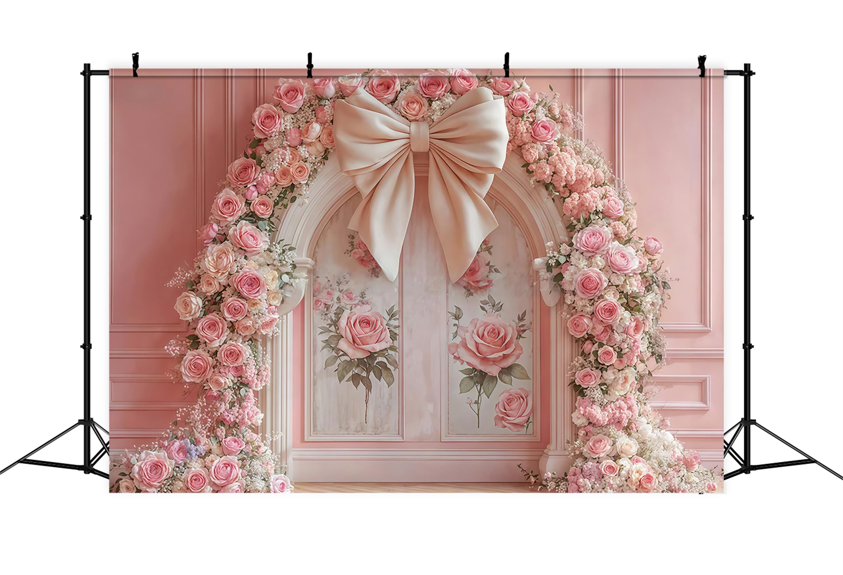Flower Wall Backdrop Pink Roses Floral Bow Arch Vintage Wall Backdrop MRR9-84