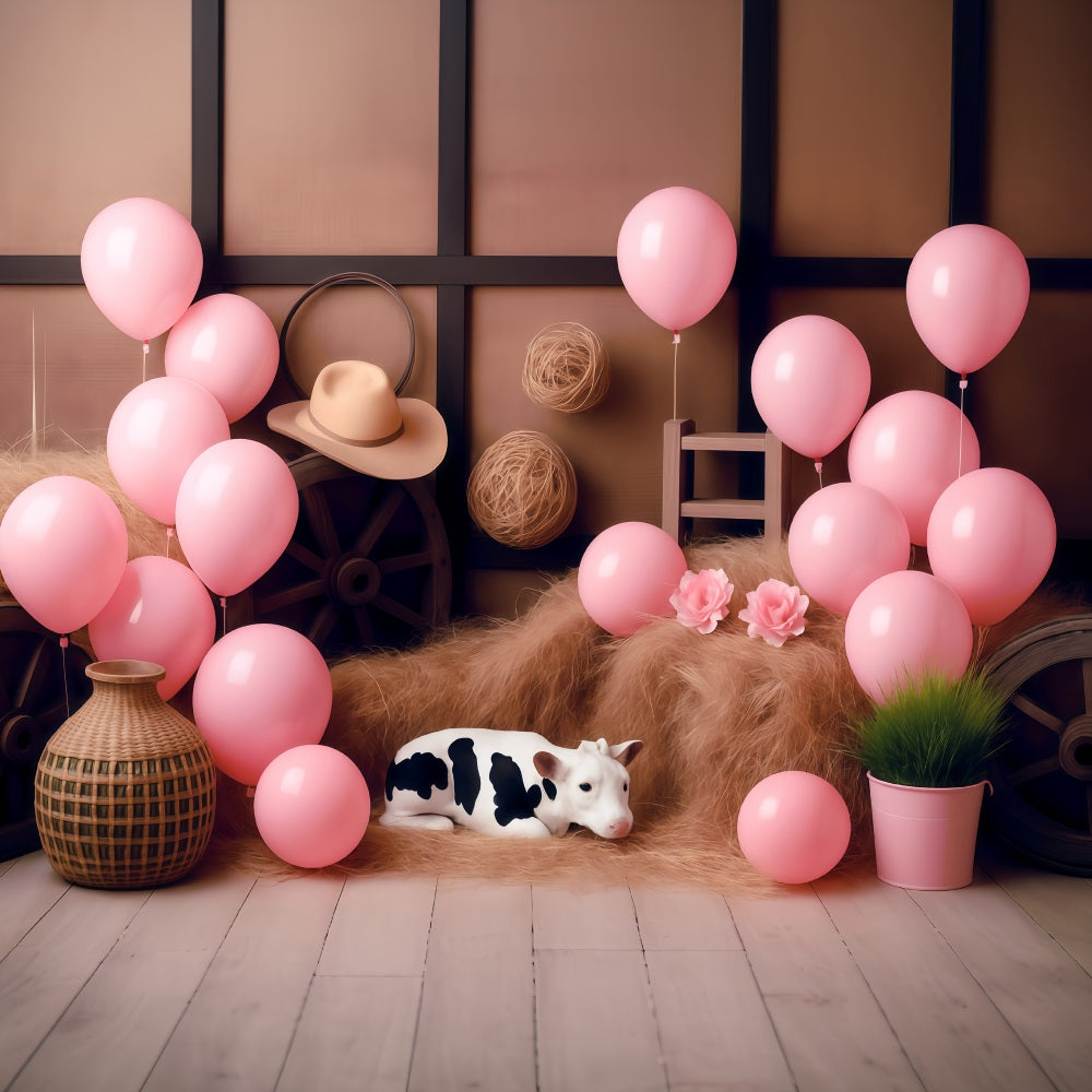 Cowgirl Backdrop Ideas Rustic Barn Pink Balloons Children Backdrops MRR9-87