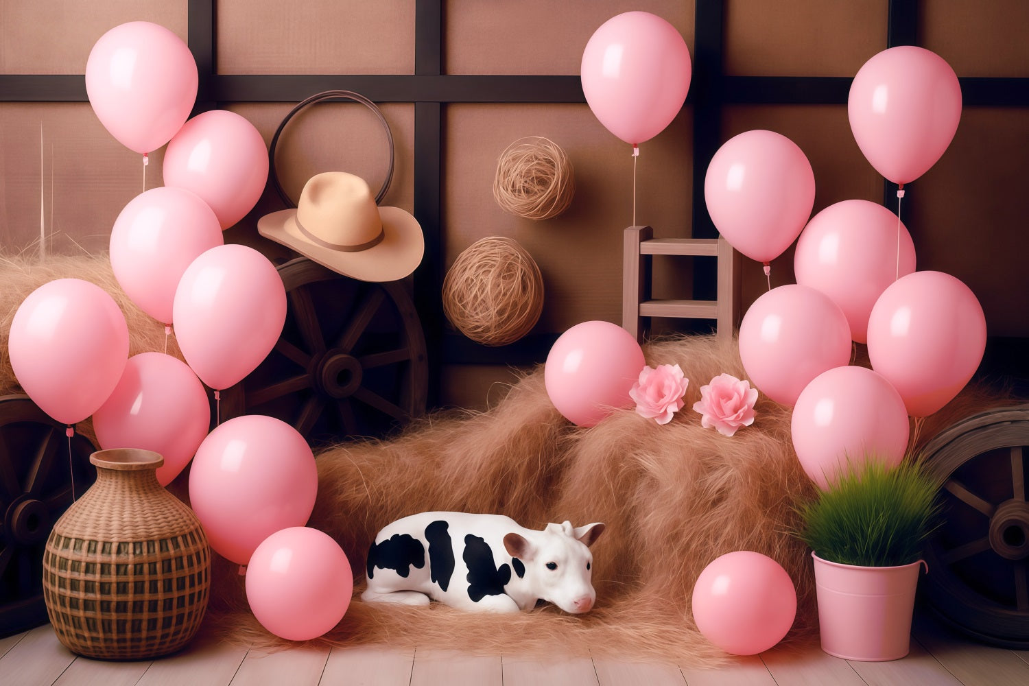 Cowgirl Backdrop Ideas Rustic Barn Pink Balloons Children Backdrops MRR9-87