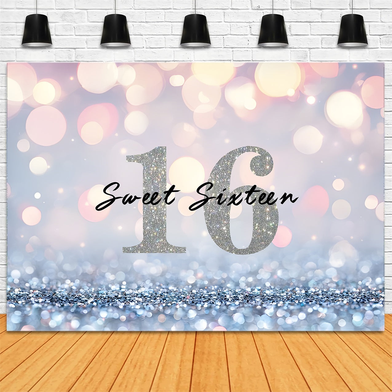 Custom Birthday Backdrops Glamorous Silver Sweet Sixteen Backdrop RR1-10