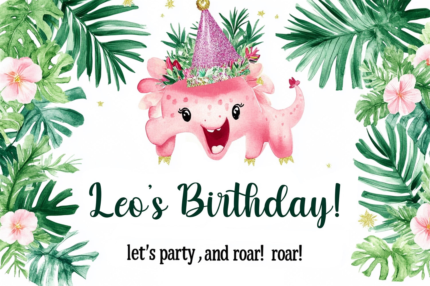 Custom Made Birthday Backdrops Tropical Leaves Dino Backdrop RR1-31
