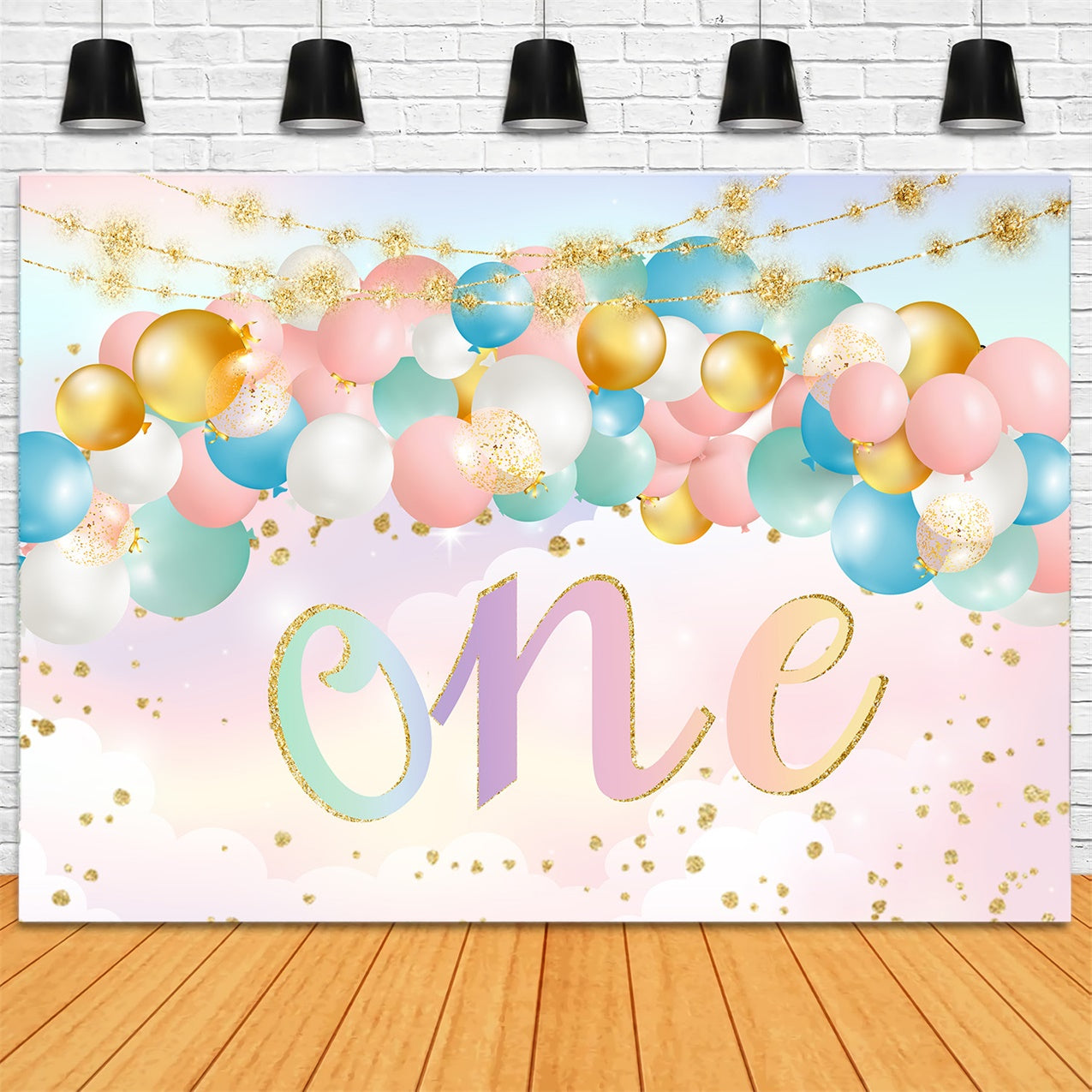 Custom 1st Birthday Backdrop Golden Confetti Pastel Balloon Backdrop RR1-70